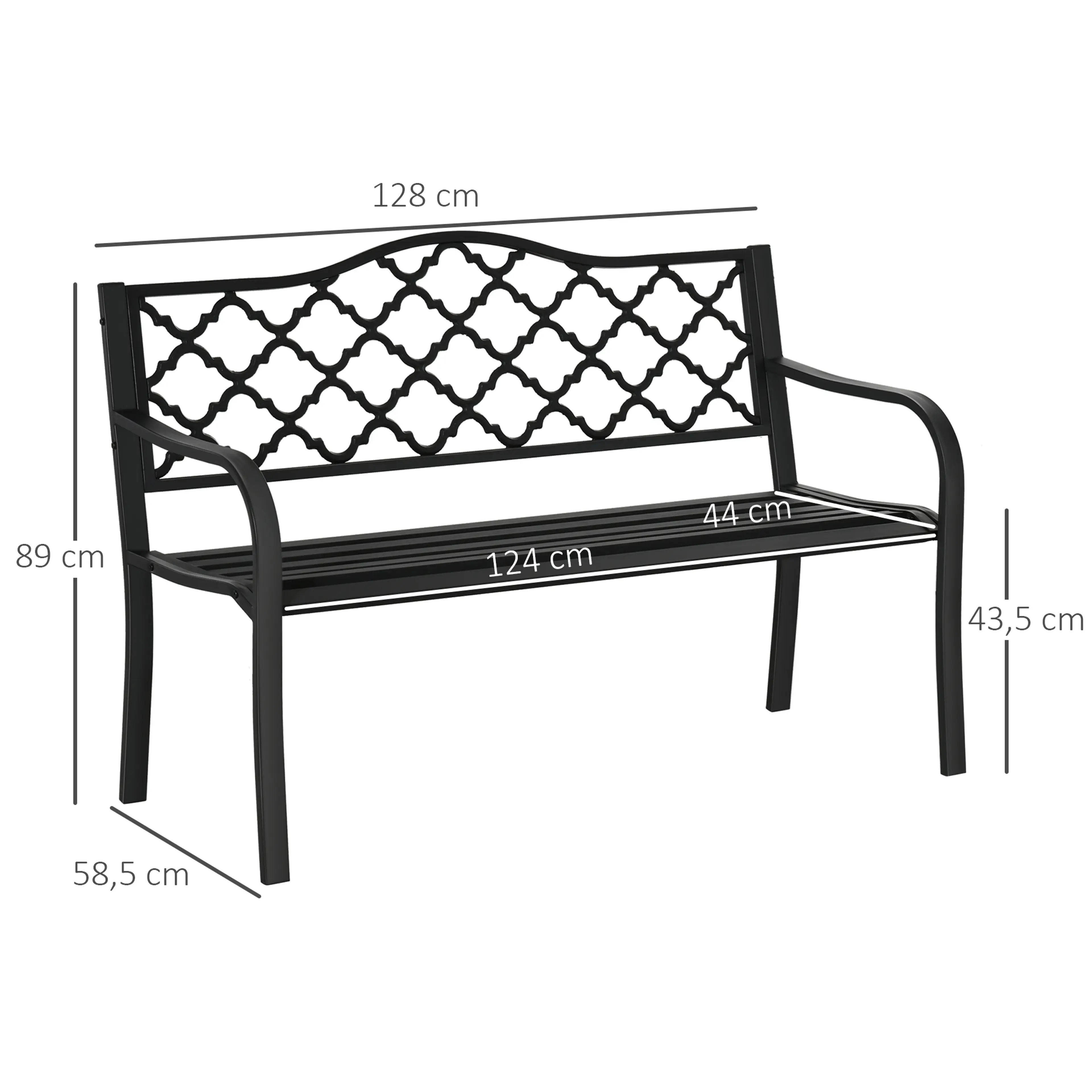 Måttskiss: 128 cm bred, 58,5 cm djup, 89 cm hög, sittyta 124 × 44 cm och sitthöjd 43,5 cm