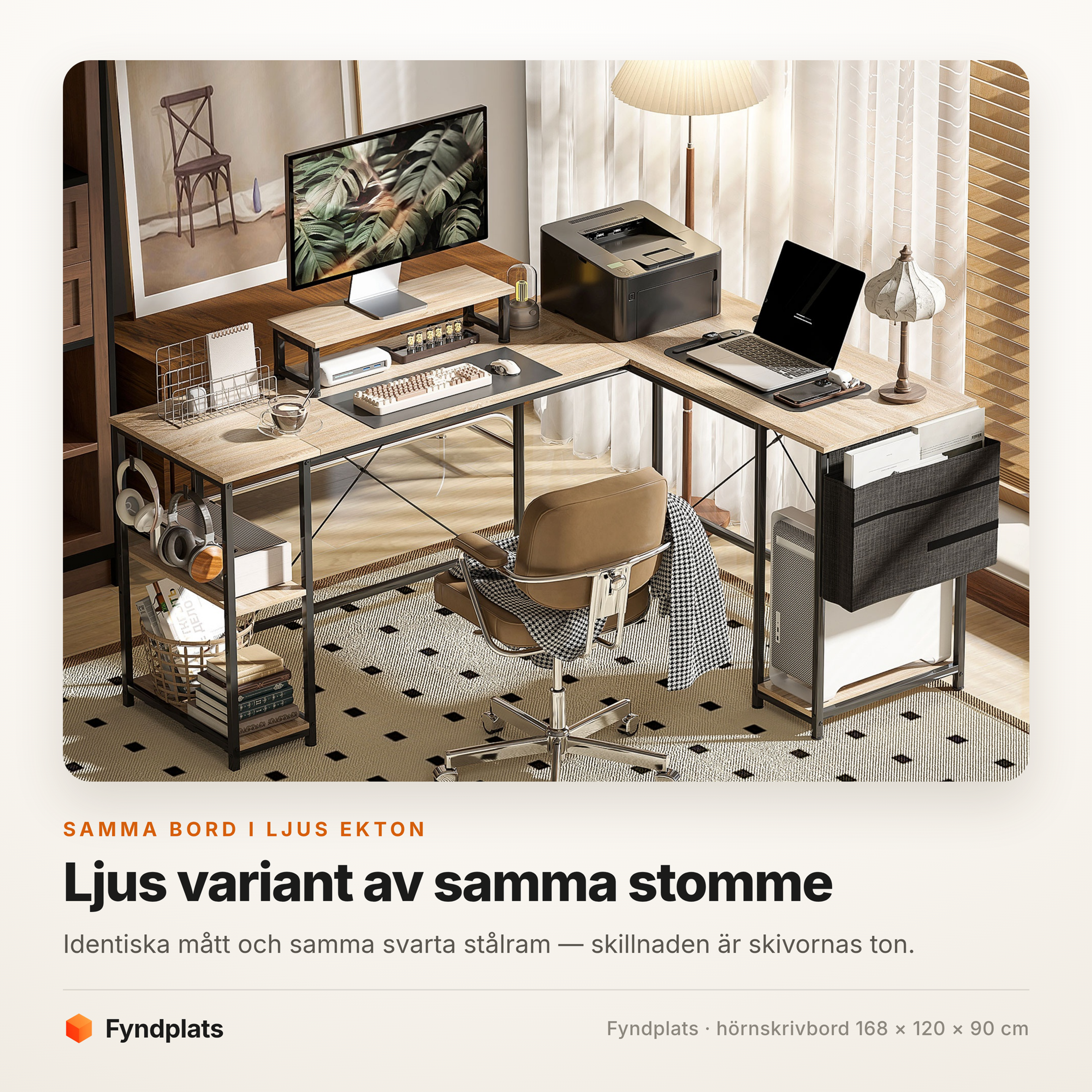 Hörnskrivbord 168 cm eller 240 cm rakt – ljus ekton – bild 2