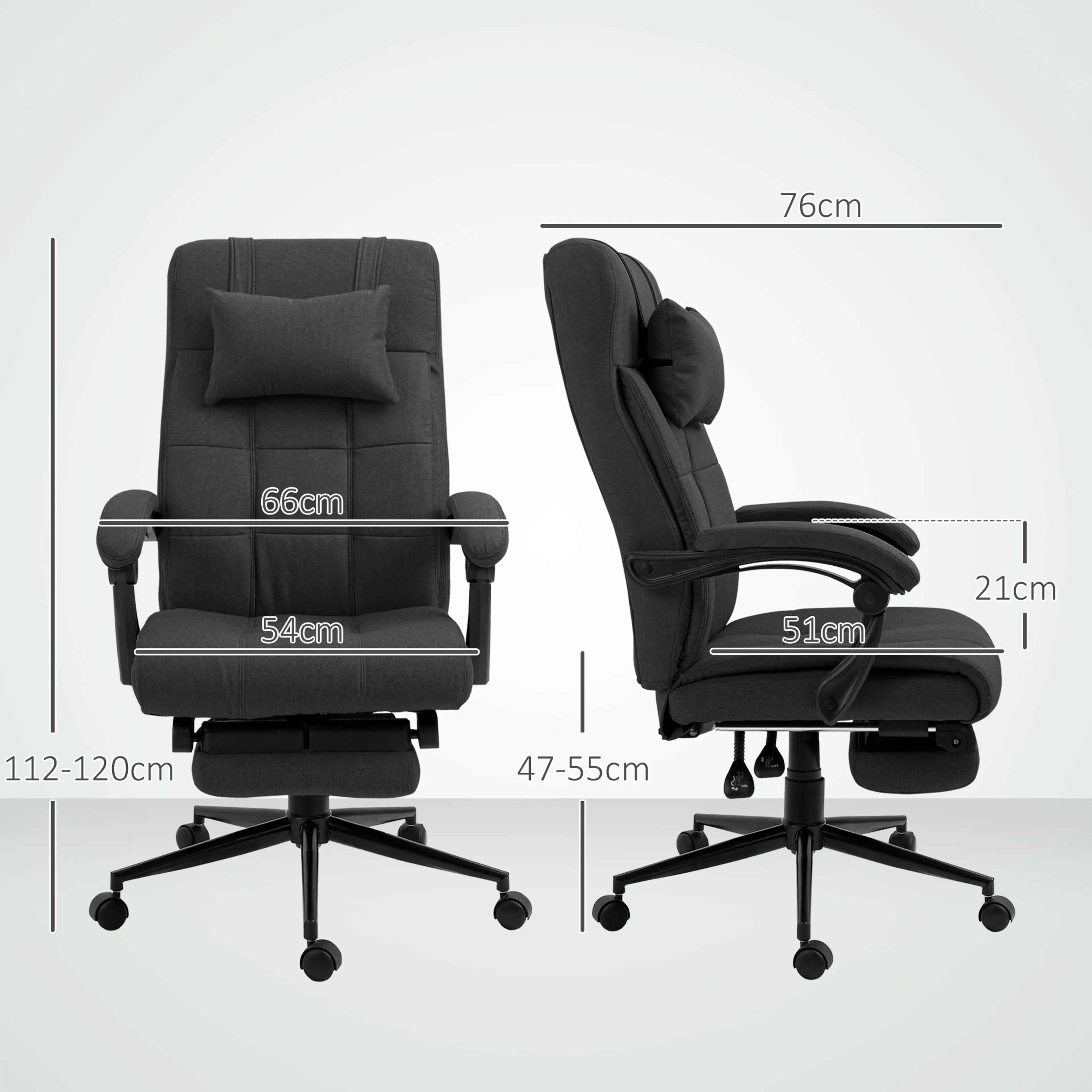 Måttritning med bredd 66 cm, djup 76 cm, höjd 112–120 cm och sitthöjd 47–55 cm