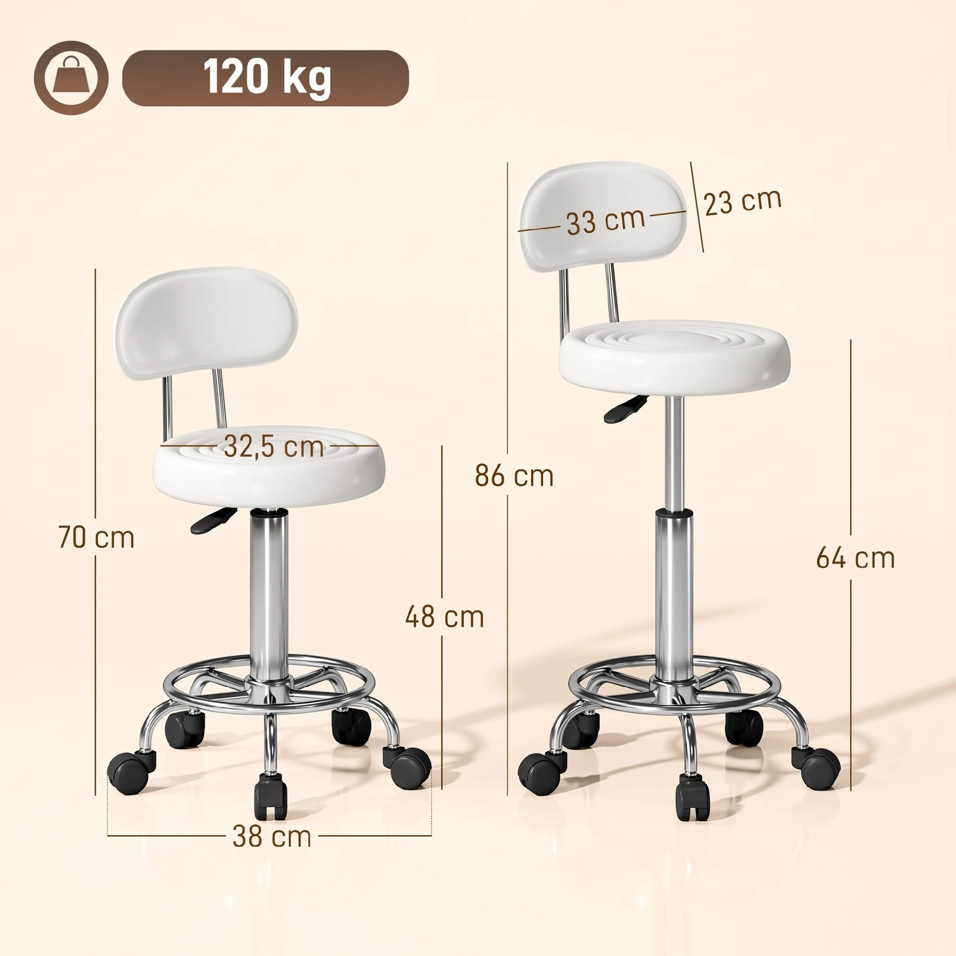Rullpall i vit konstläder med oval rygg på fjäderstam, fotring och femarmad fot på hjul