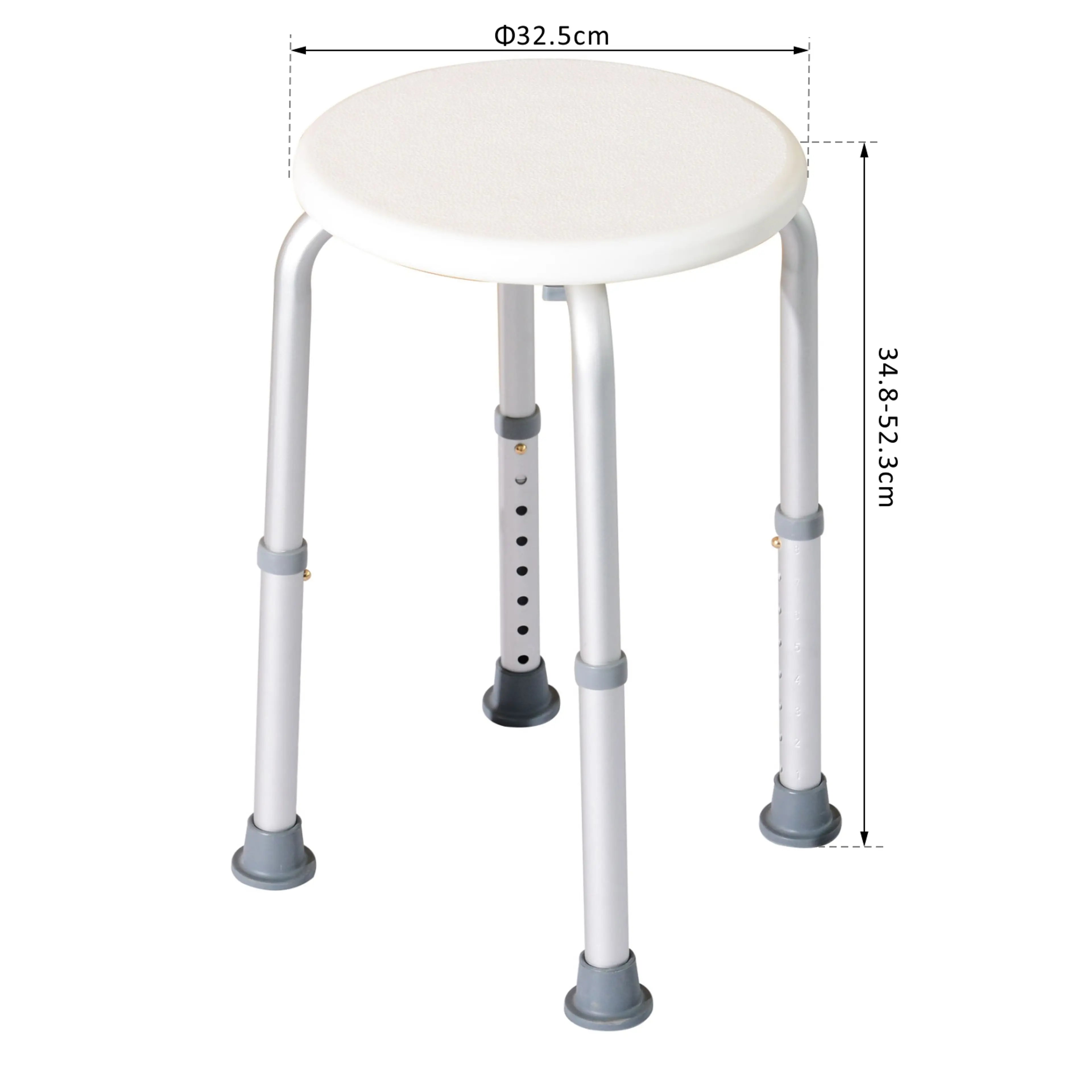 Duschpallens mått: ø32,5 cm sits och 34,8 till 52,3 cm sitthöjd
