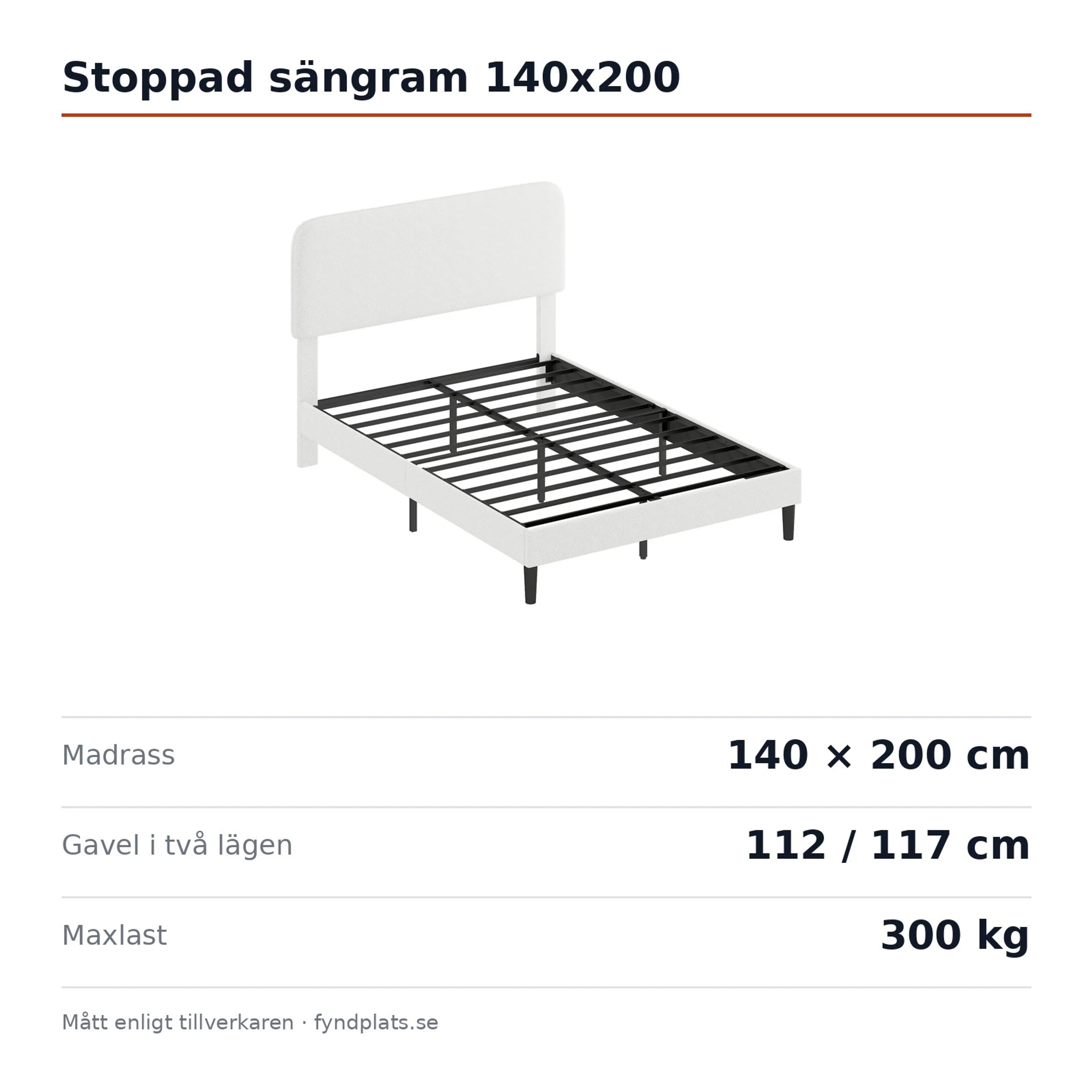 Spec-kort för sängramen: madrass 140 × 200 cm, gavel i två lägen och 300 kg maxlast