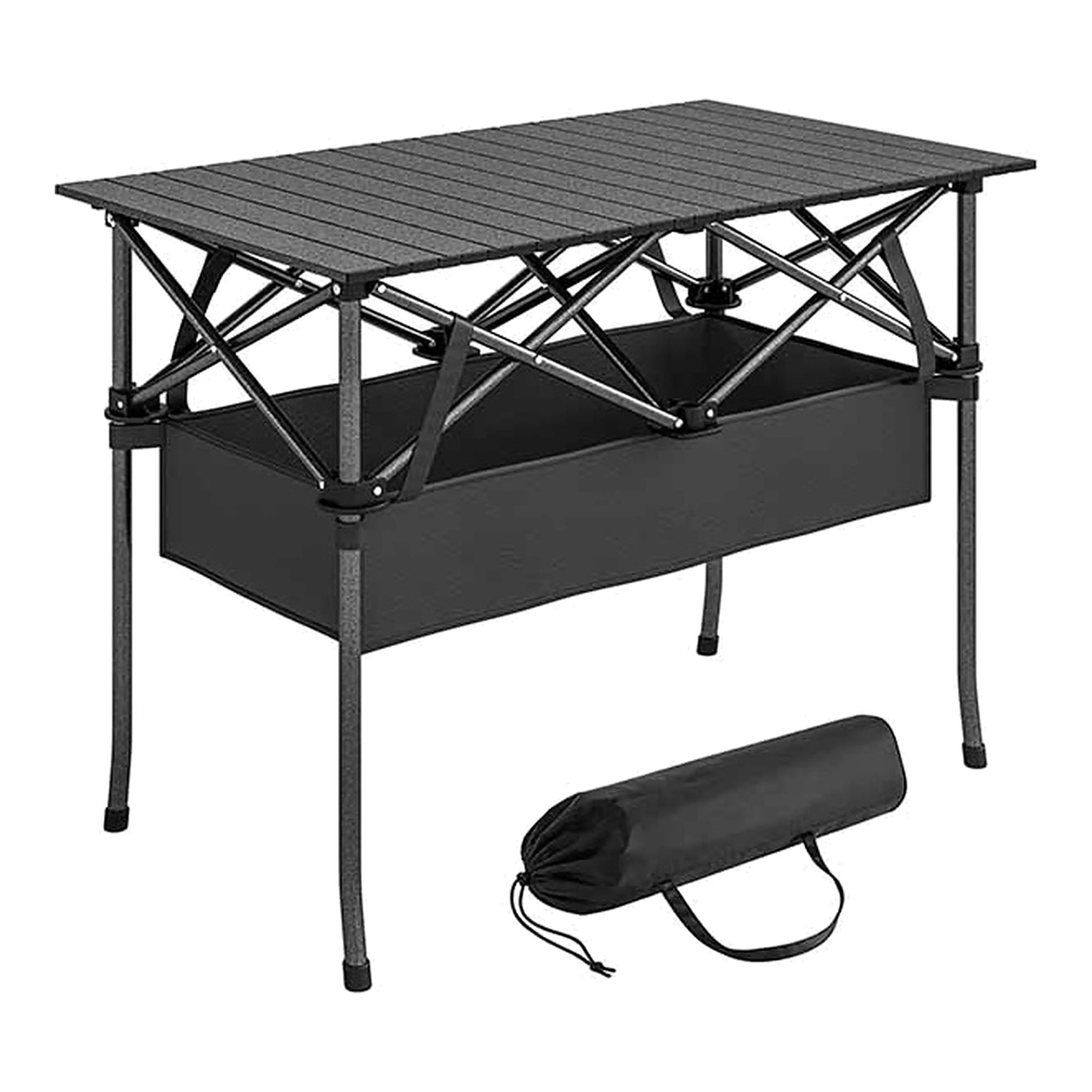Campingbord med förvaringskorg 93 cm – hoprullbar skiva och bärväska