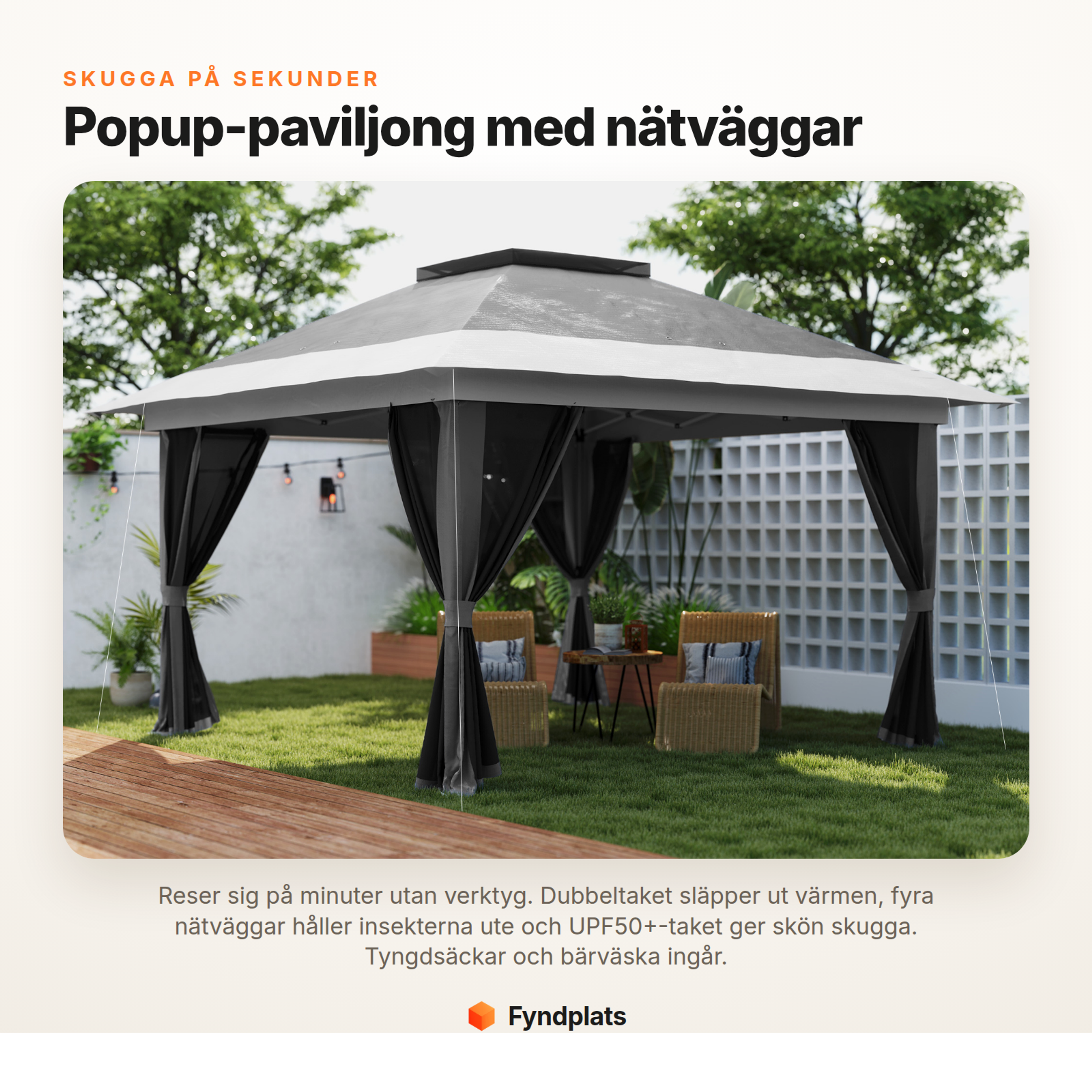 Fyndplats – popup-paviljong 3,6×3,6 m med fyra nätväggar och UPF50+ dubbeltak