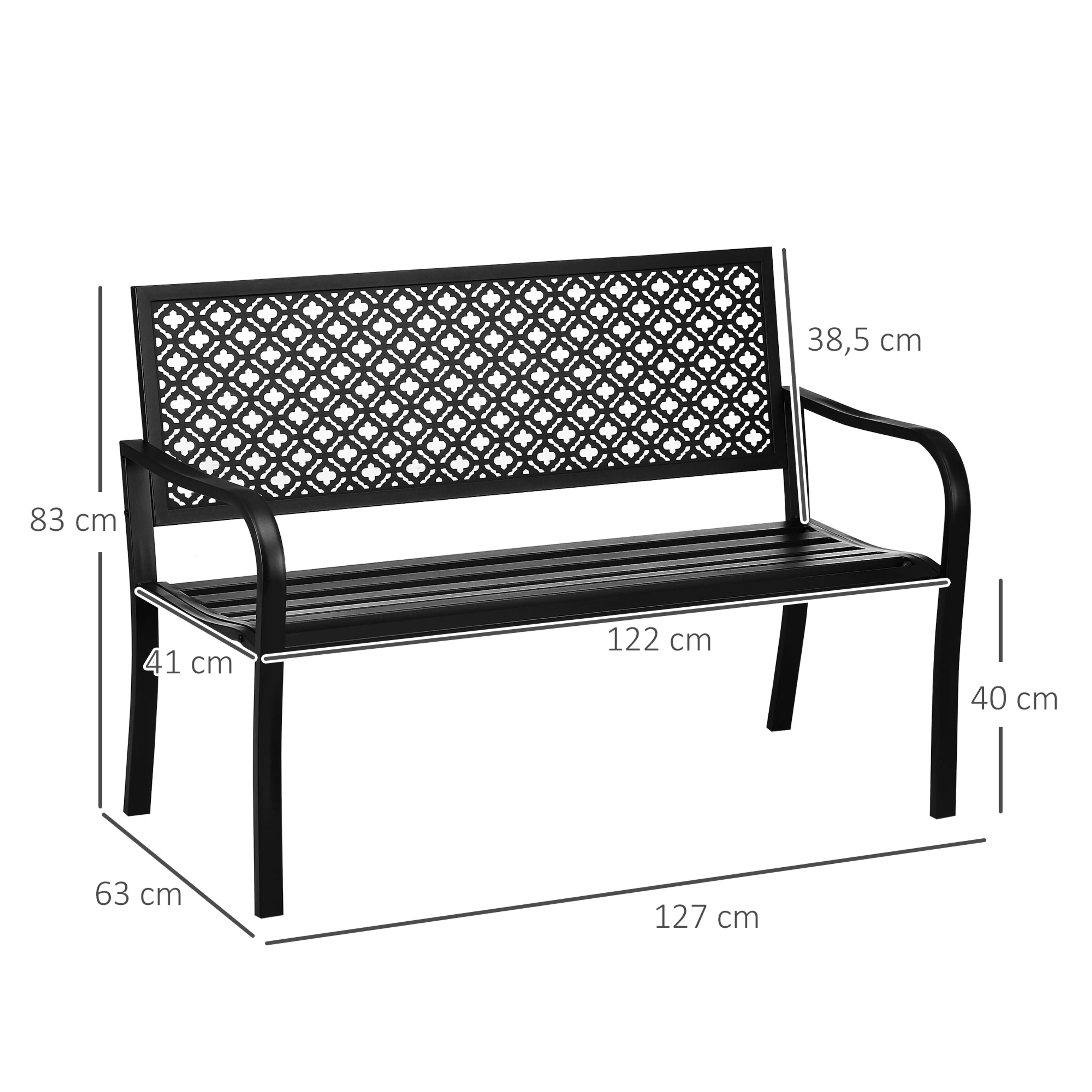 Måttskiss: 127 cm lång, 63 cm djup, 83 cm hög, ryggstöd 120 × 38,5 cm och sitthöjd 40 cm