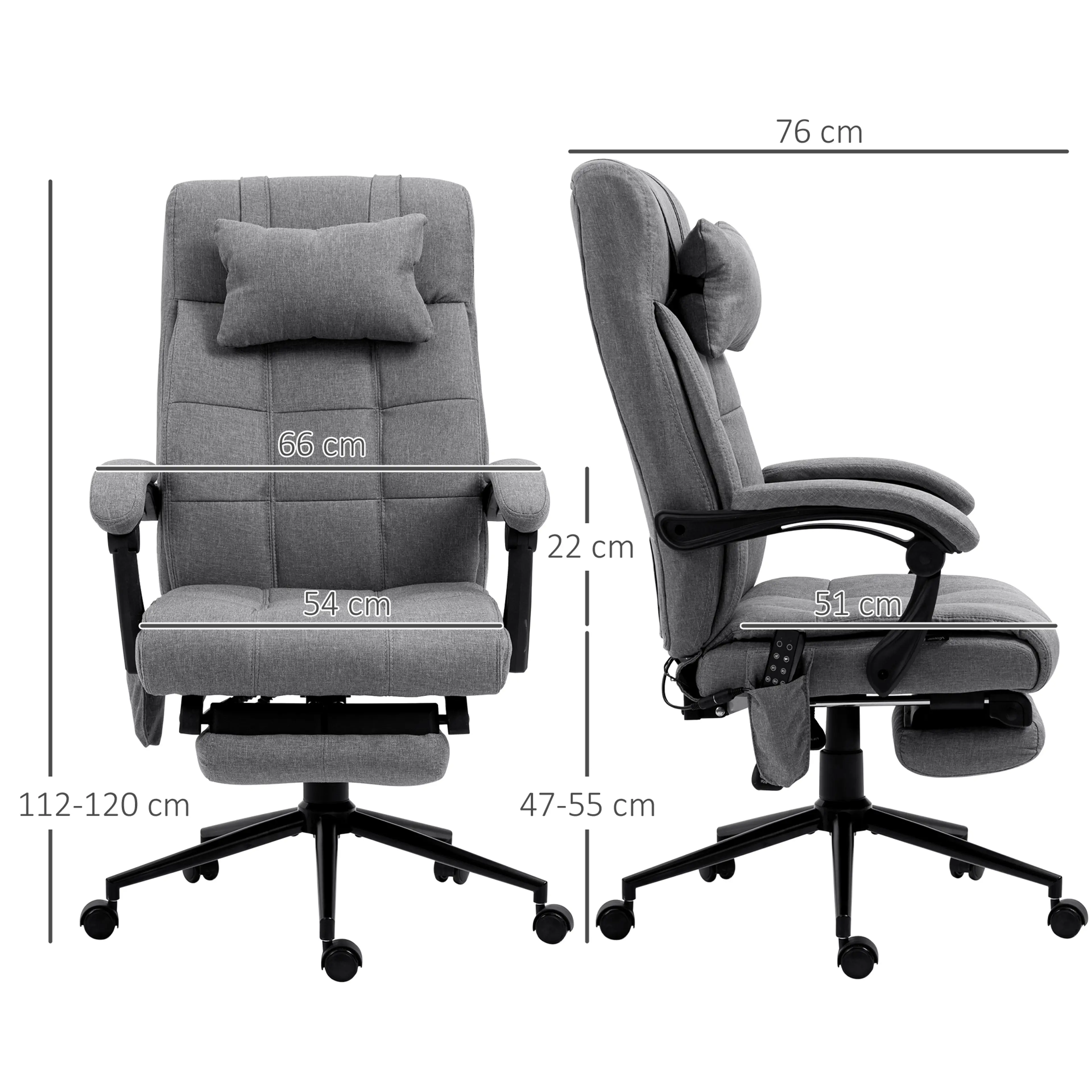 Måttritning med djup 76 cm, armstödshöjd 22 cm, höjd 112–120 cm och sitthöjd 47–55 cm