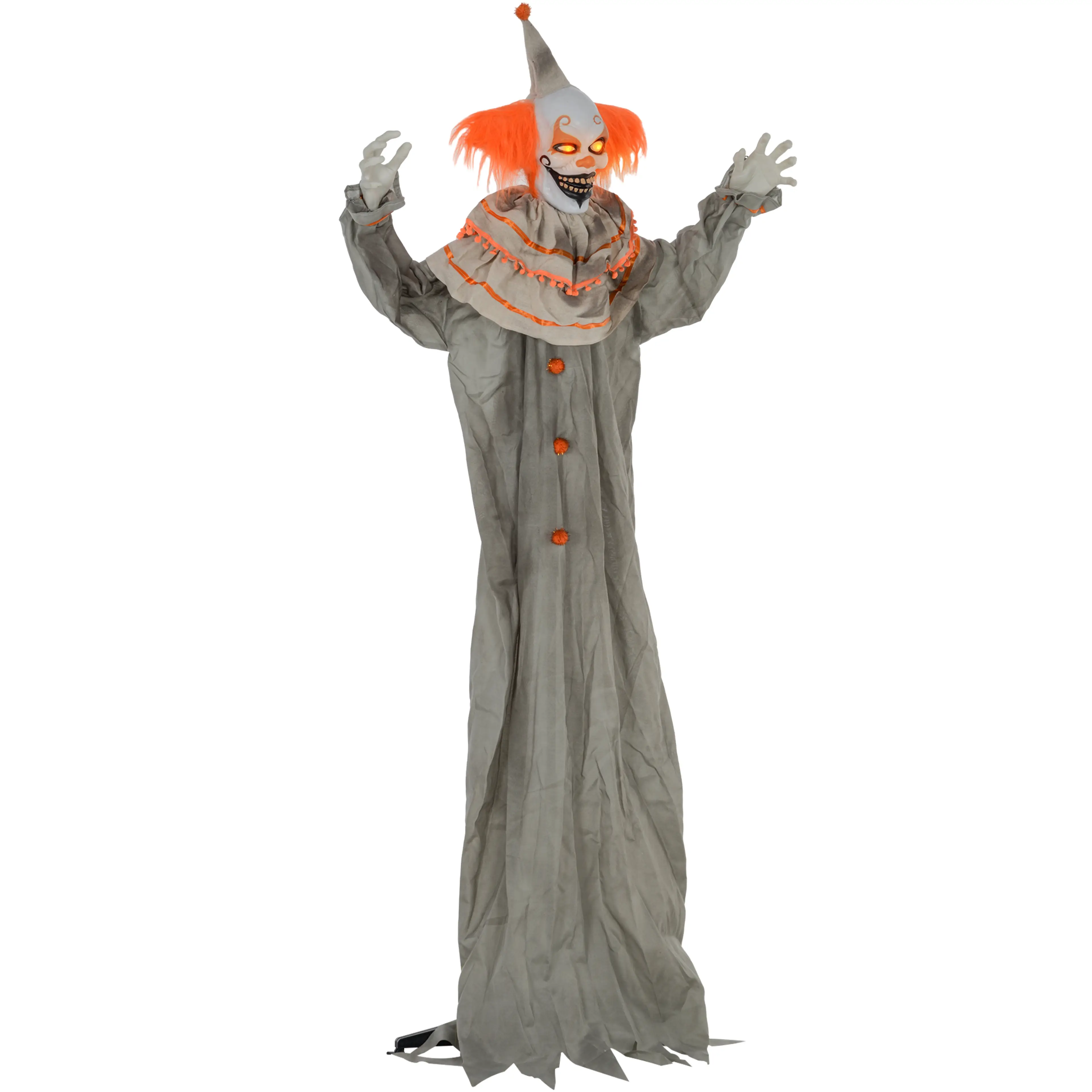 Stående halloweenclown i grå dräkt med orange hår och spetsig hatt, på vit bakgrund
