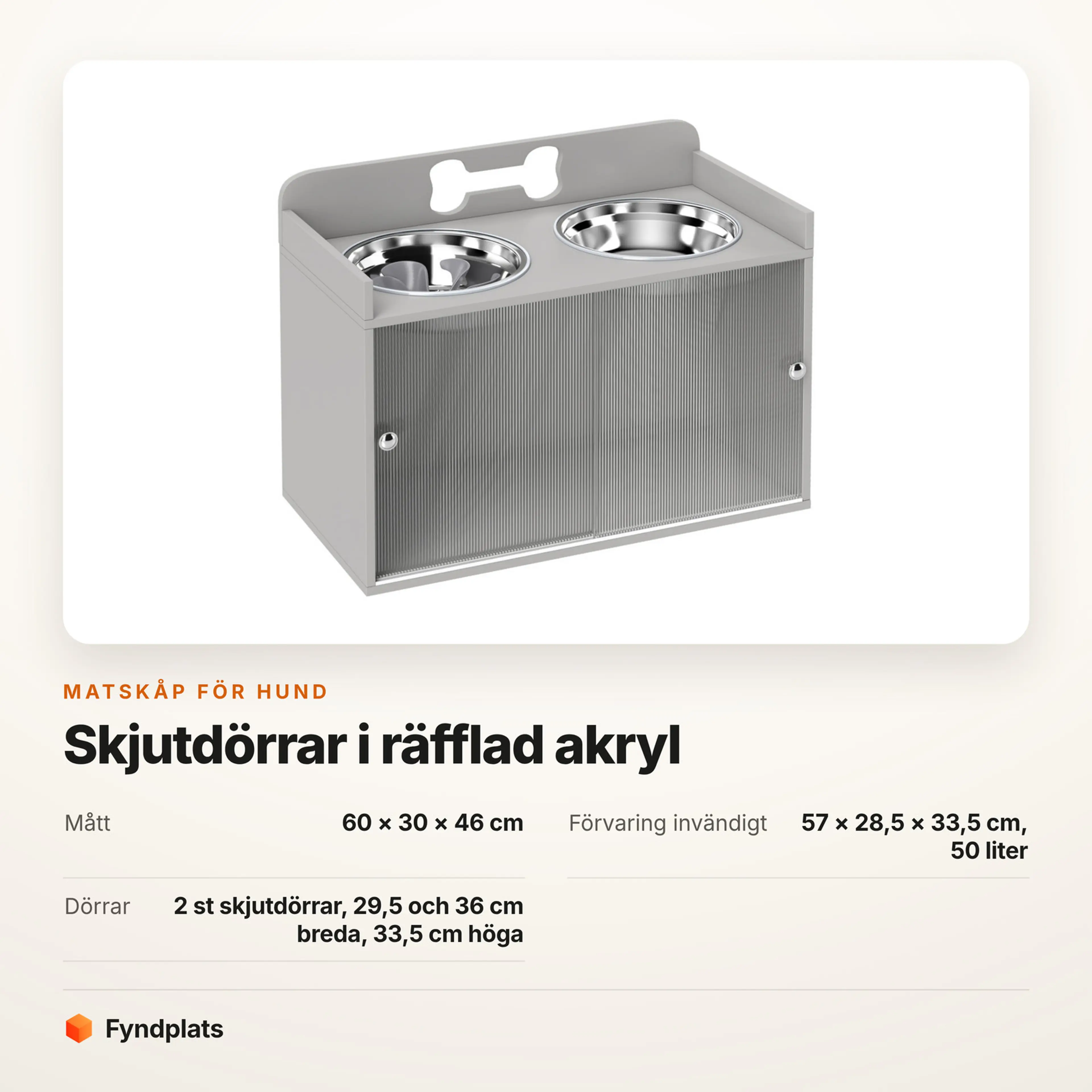 Faktakort: matskåp 60 × 30 × 46 cm med 50 liter förvaring bakom två skjutdörrar