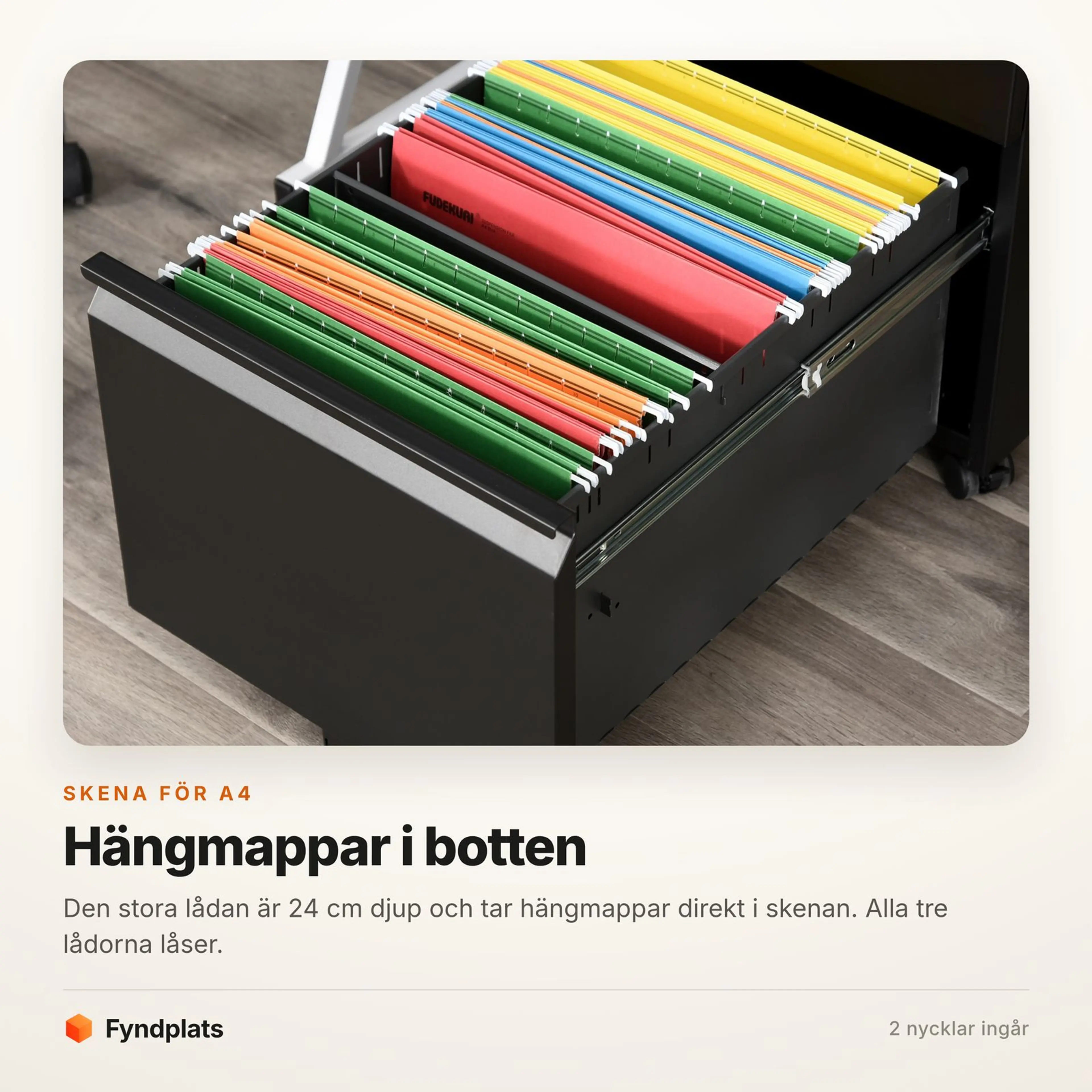 Faktakort: skena för A4-hängmappar i den 24 cm djupa bottenlådan