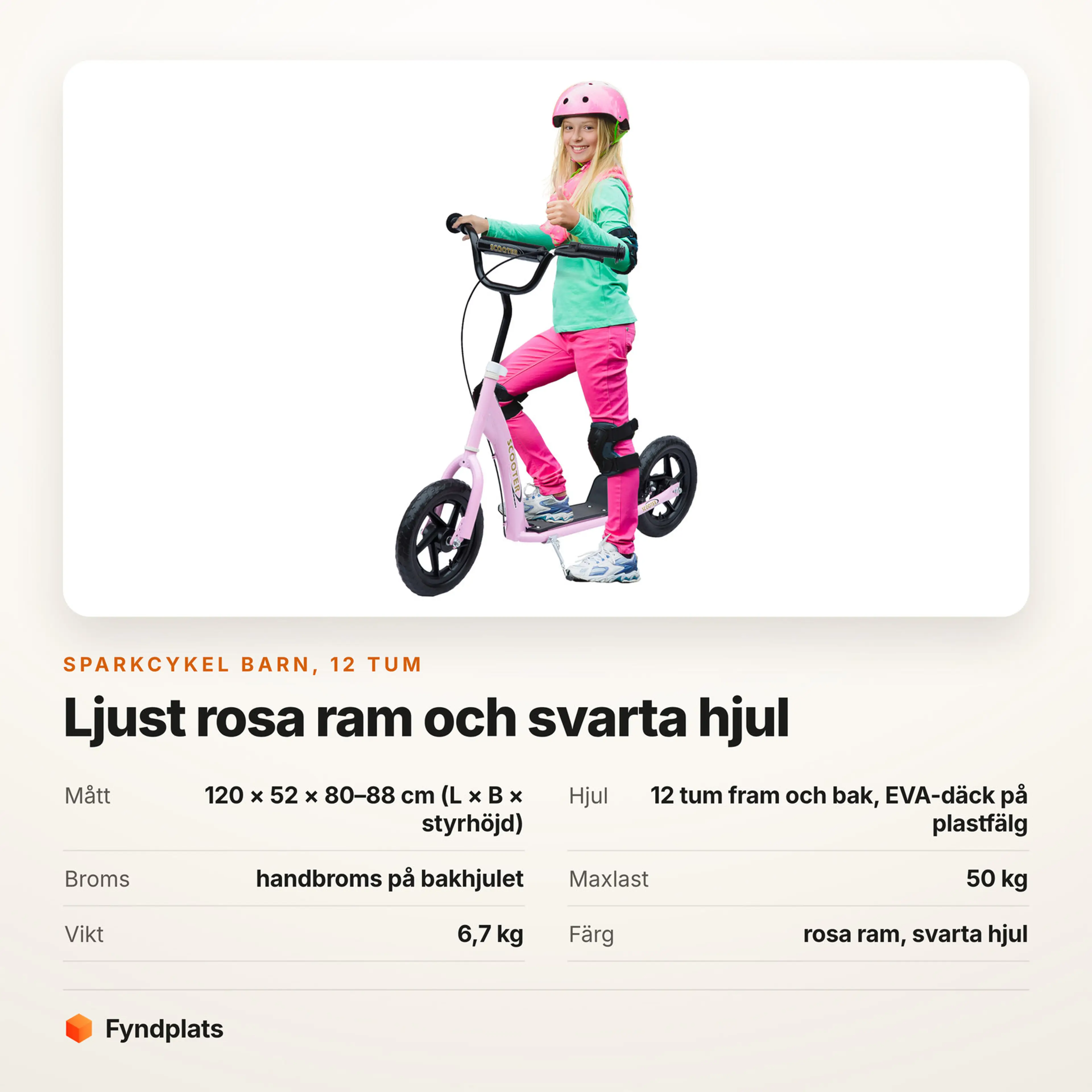 Faktakort: sparkcykel barn 12 tum, ljust rosa ram och svarta hjul