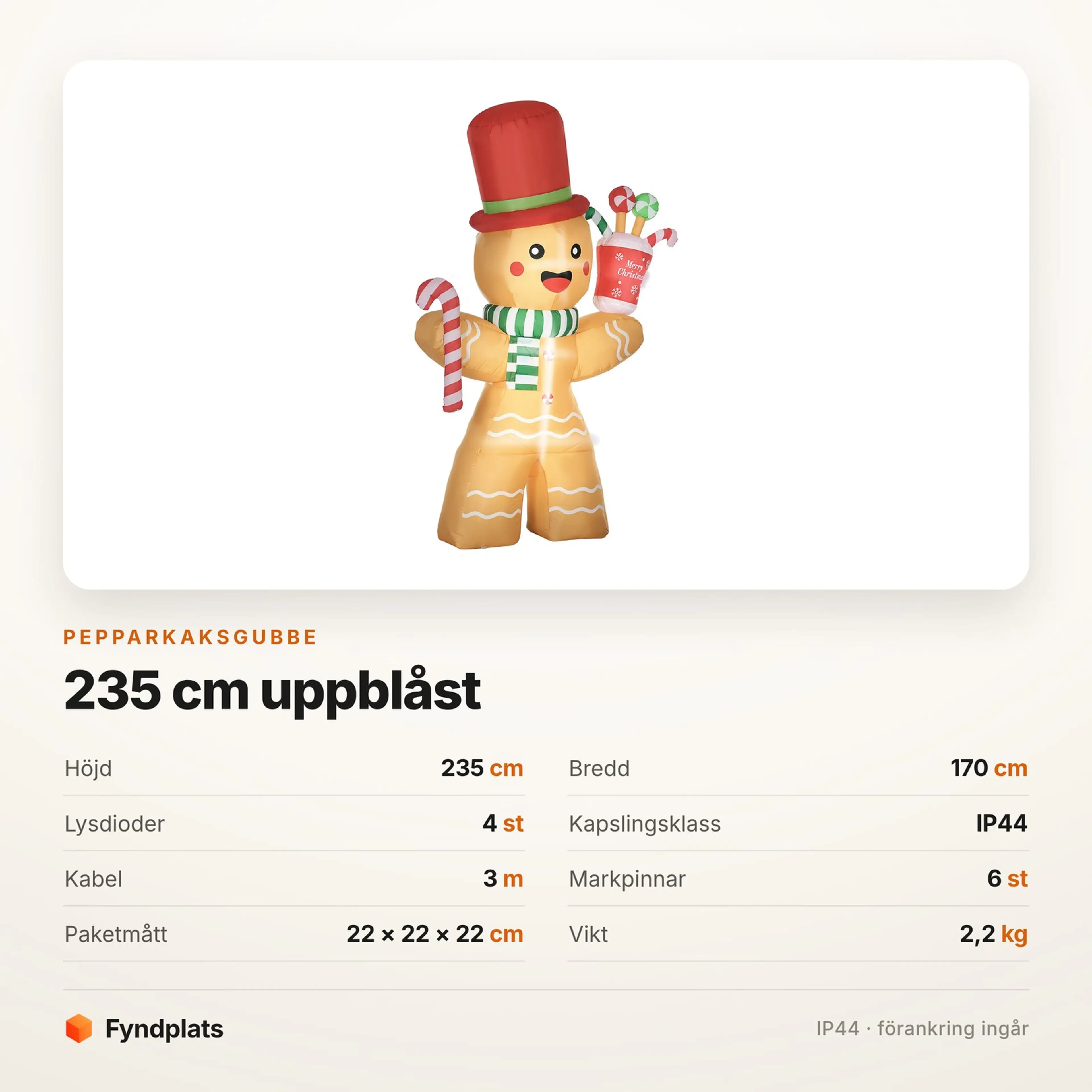 Faktakort: uppblåsbar pepparkaksgubbe 235 cm med fyra LED, IP44 och förankring