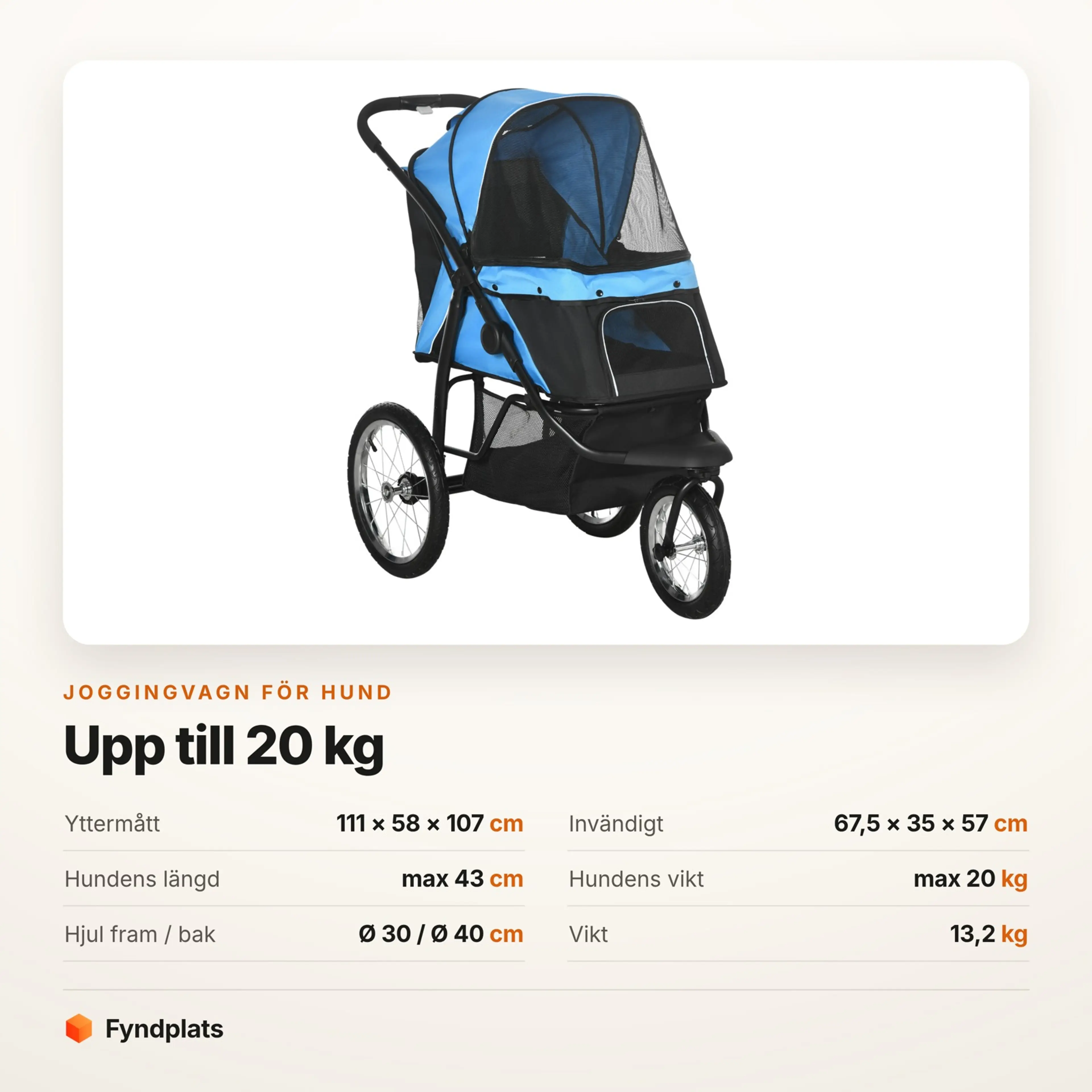 Fyndplats-kort med mått och vikt för joggingvagnen för hund