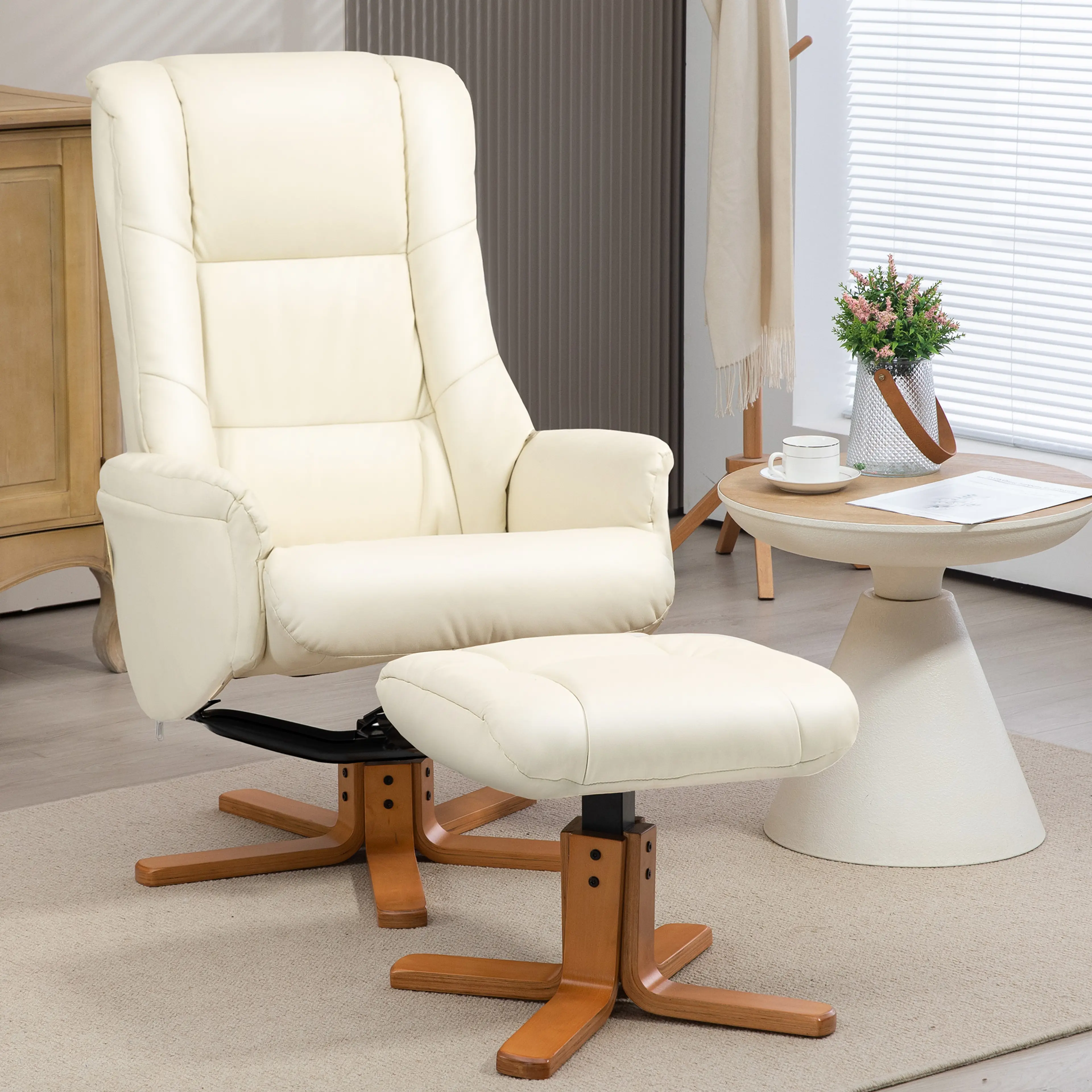 Gungfåtölj med fotpall i konstläder, 135° – gräddvit – bild 2