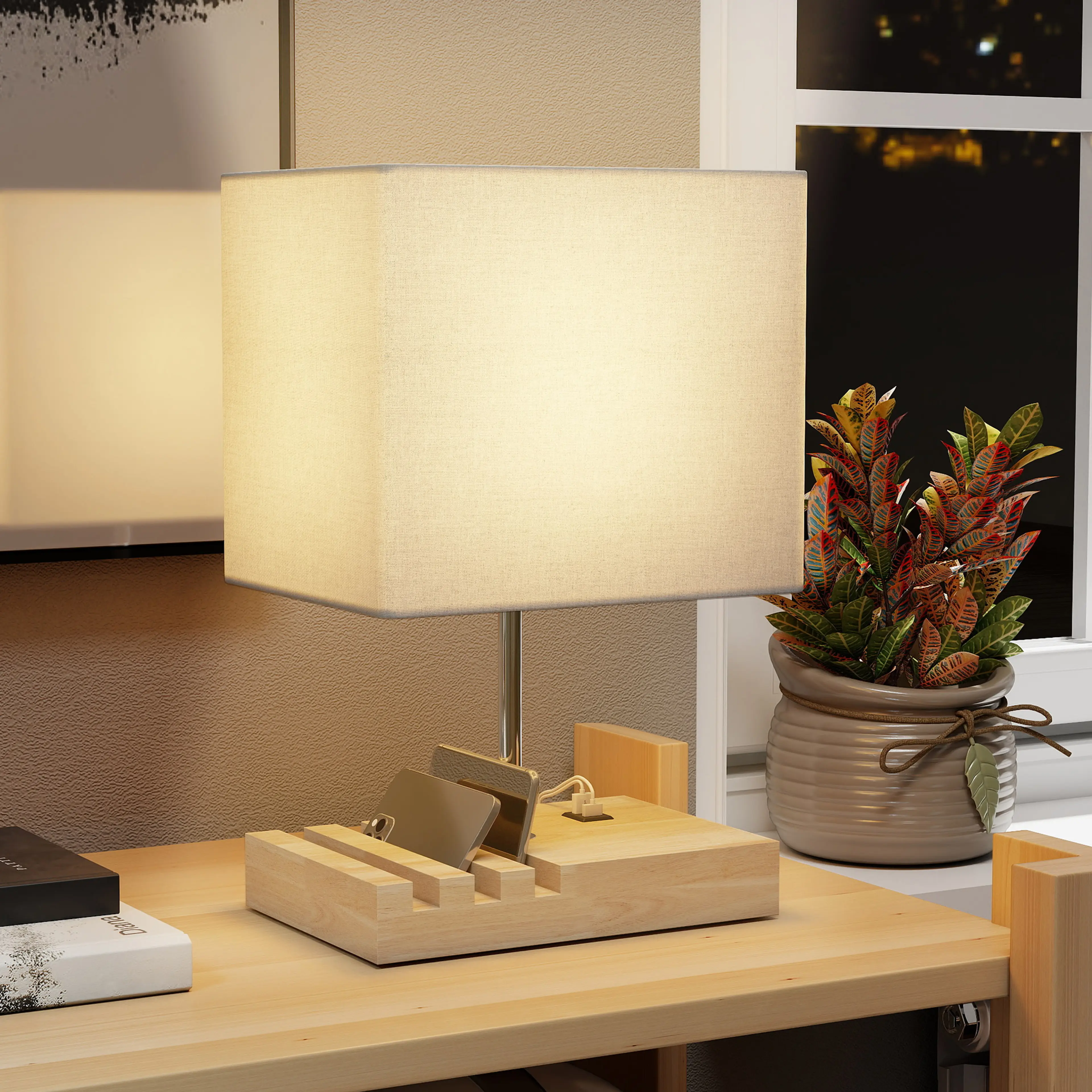 Bordslampa i trä med USB-A och USB-C – tre fack i foten, 40,5 cm – bild 3