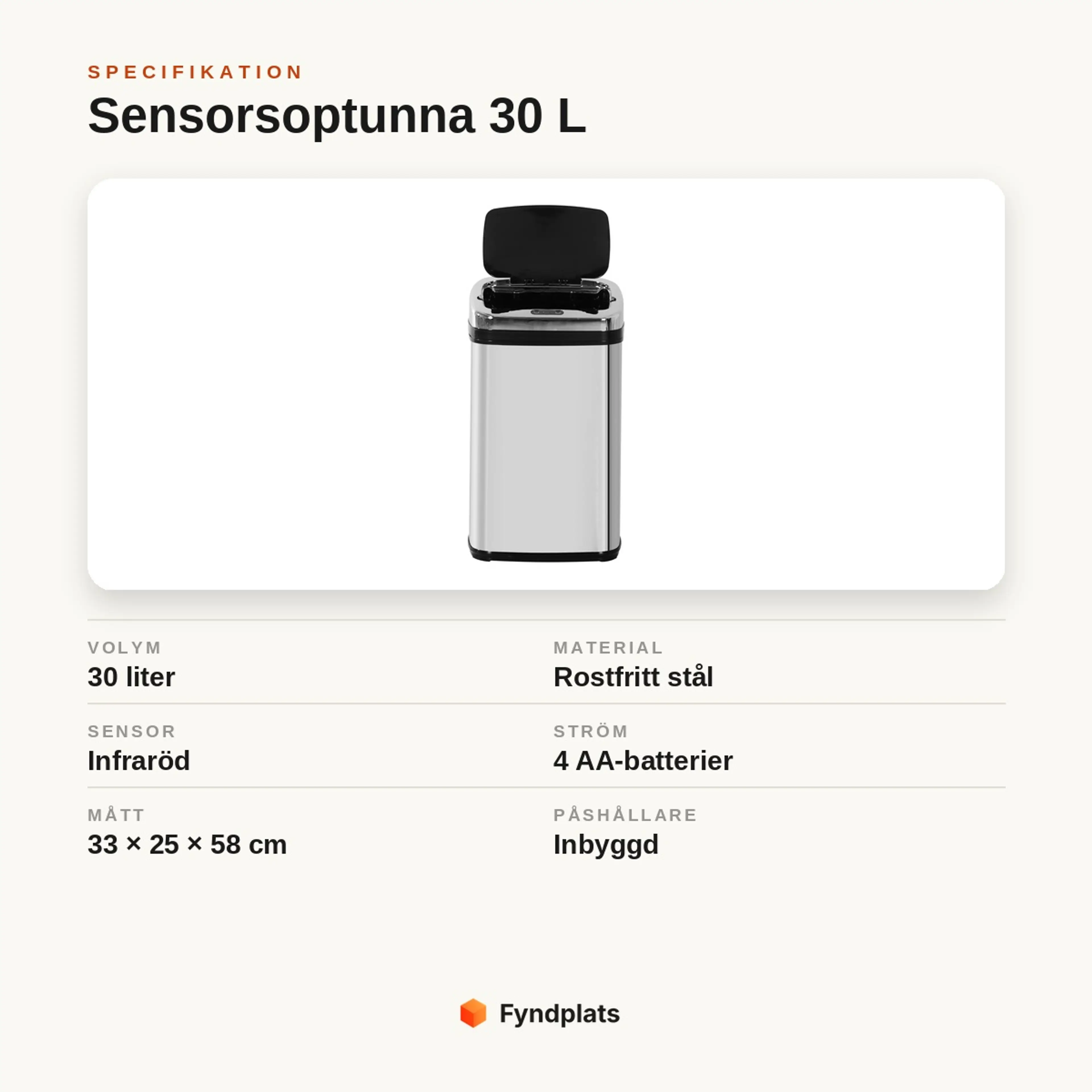 Specifikationskort: sensorsoptunna 30 liter i rostfritt stål, infraröd sensor, 4 AA-batterier, mått 33 × 25 × 58 cm