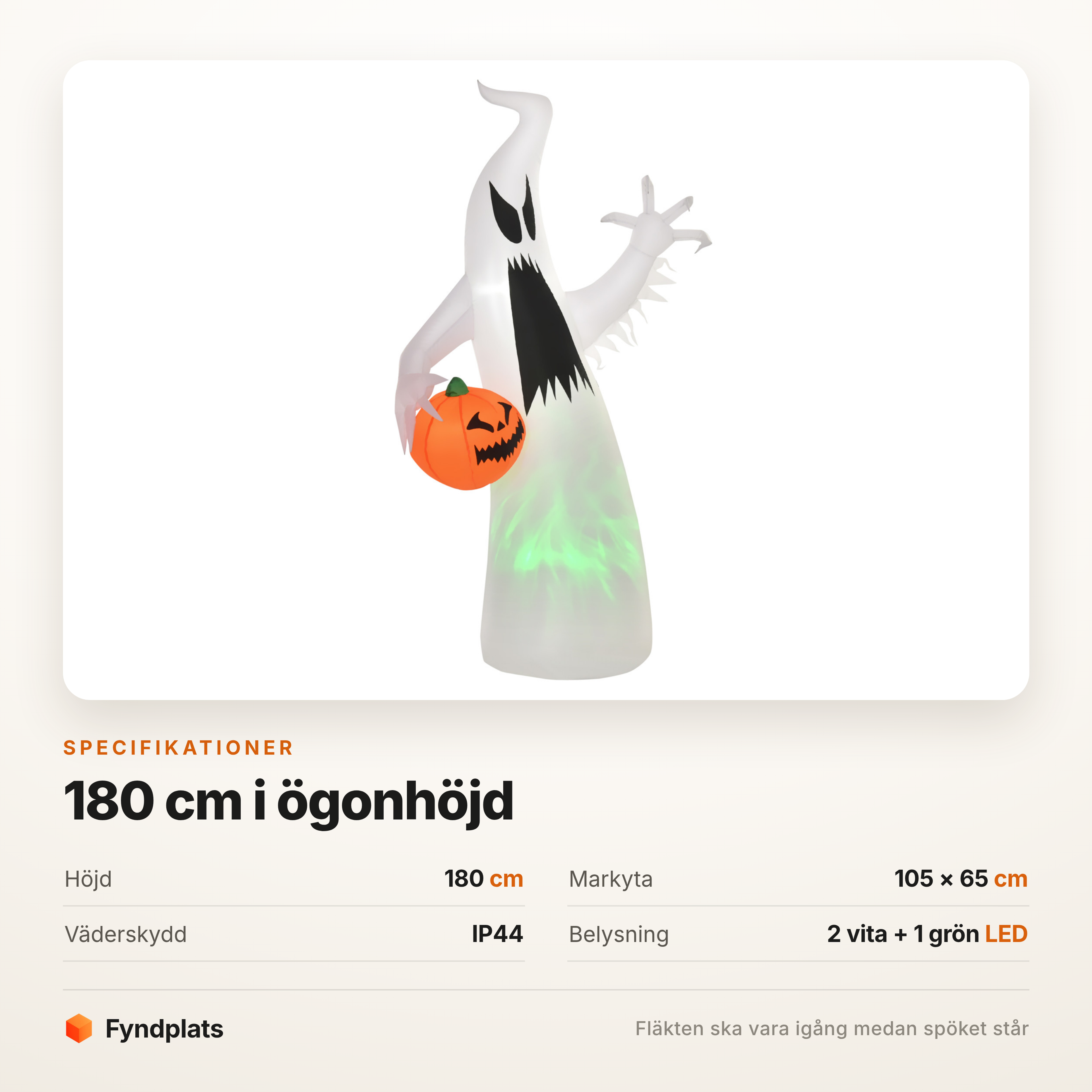Specifikationer: 180 cm högt, markyta 105 × 65 cm, IP44 och tre LED