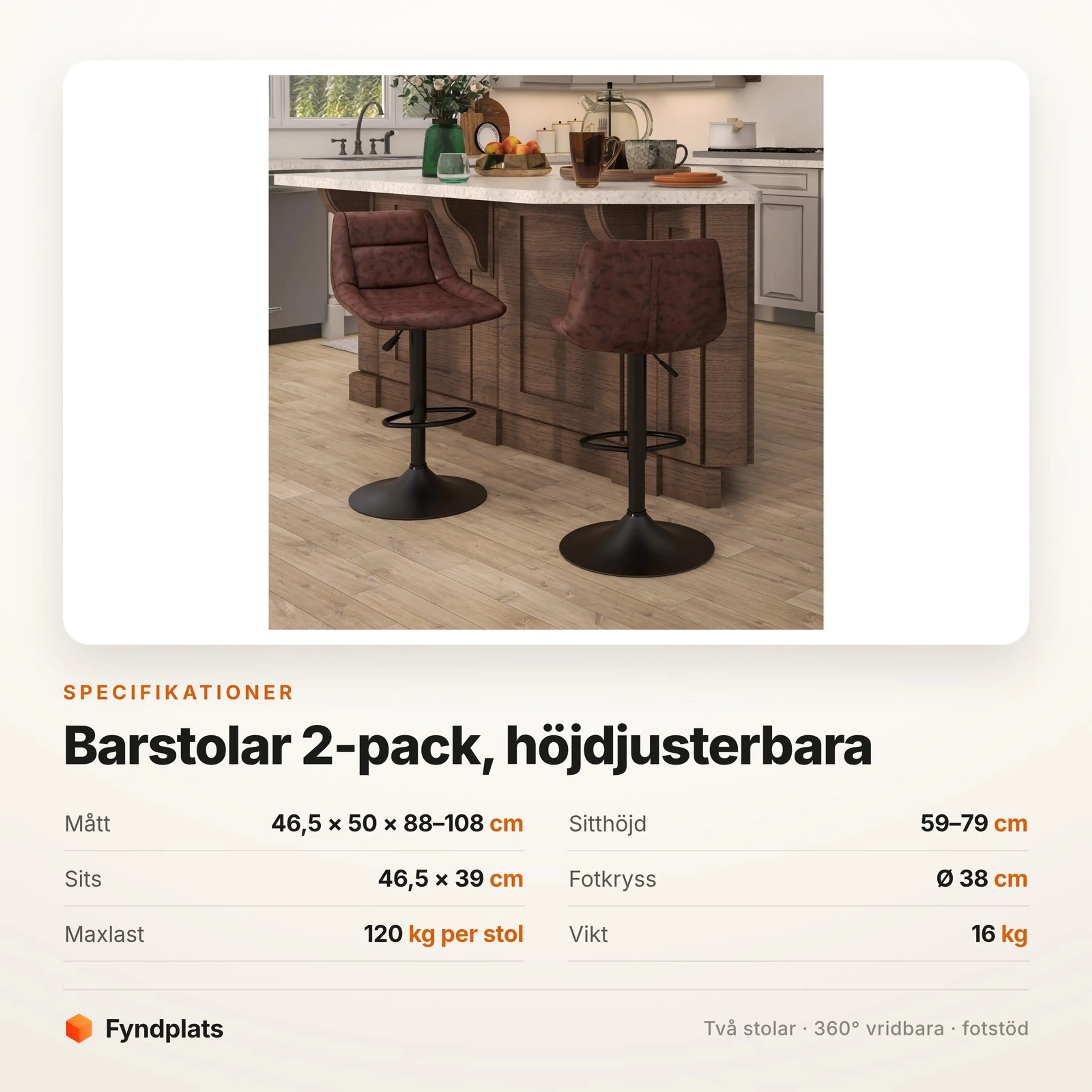 Barstolar 2-pack, höjdjusterbara 59–79 cm med ryggstöd – bild 3
