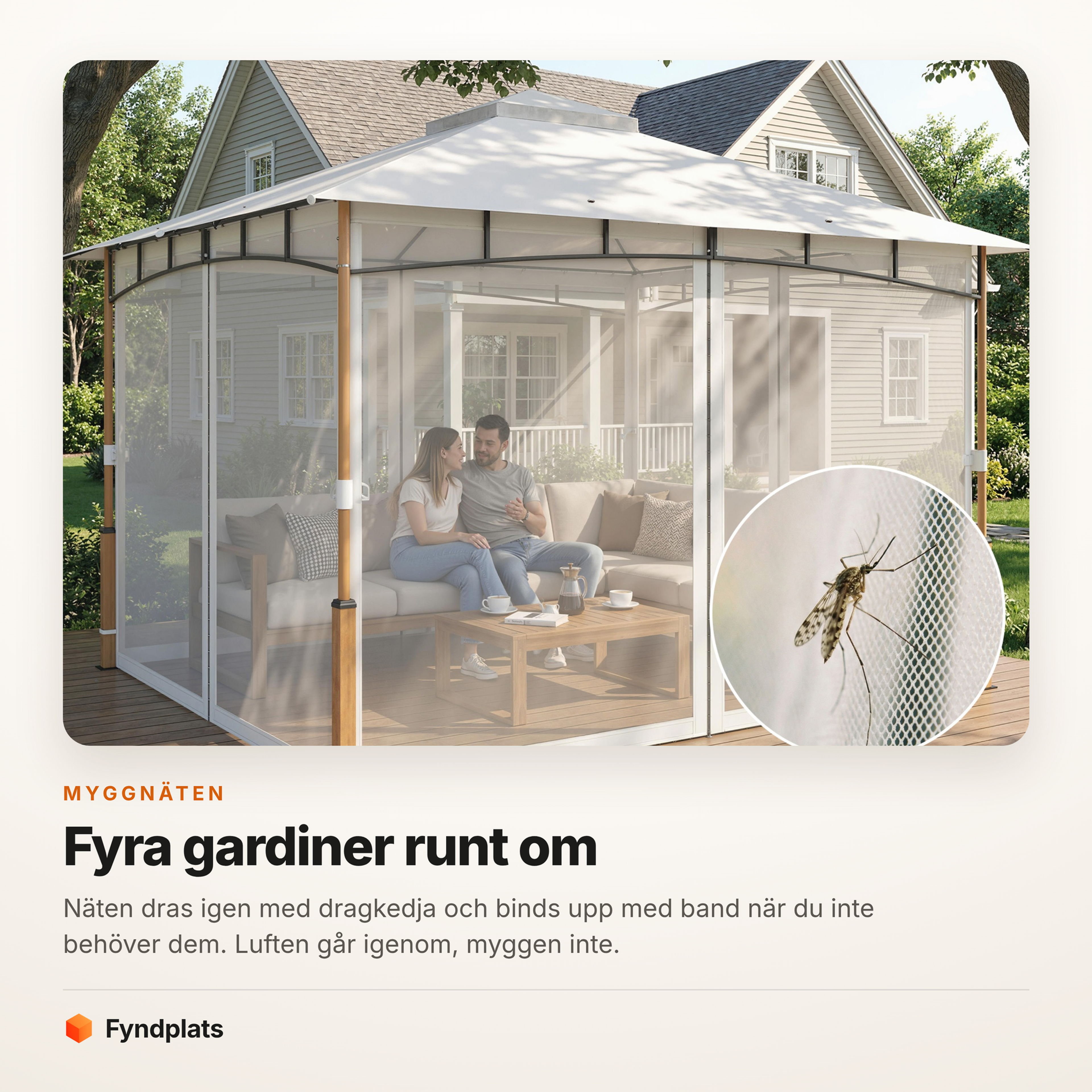Paviljongen med myggnäten fråndragna och ett par som sitter i soffan inuti