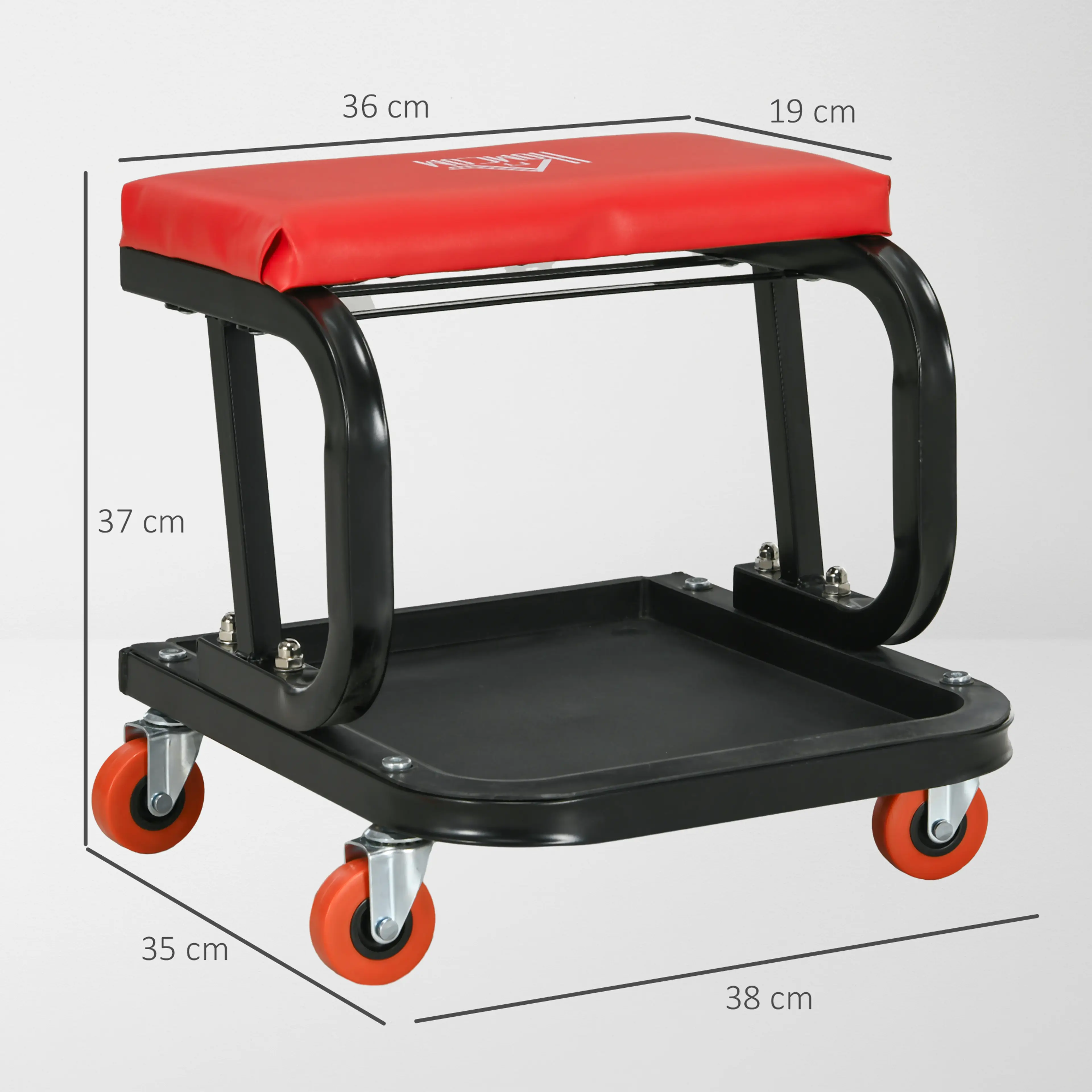 Måttskiss: sits 36 × 19 cm, höjd 37 cm och bas 38 × 35 cm