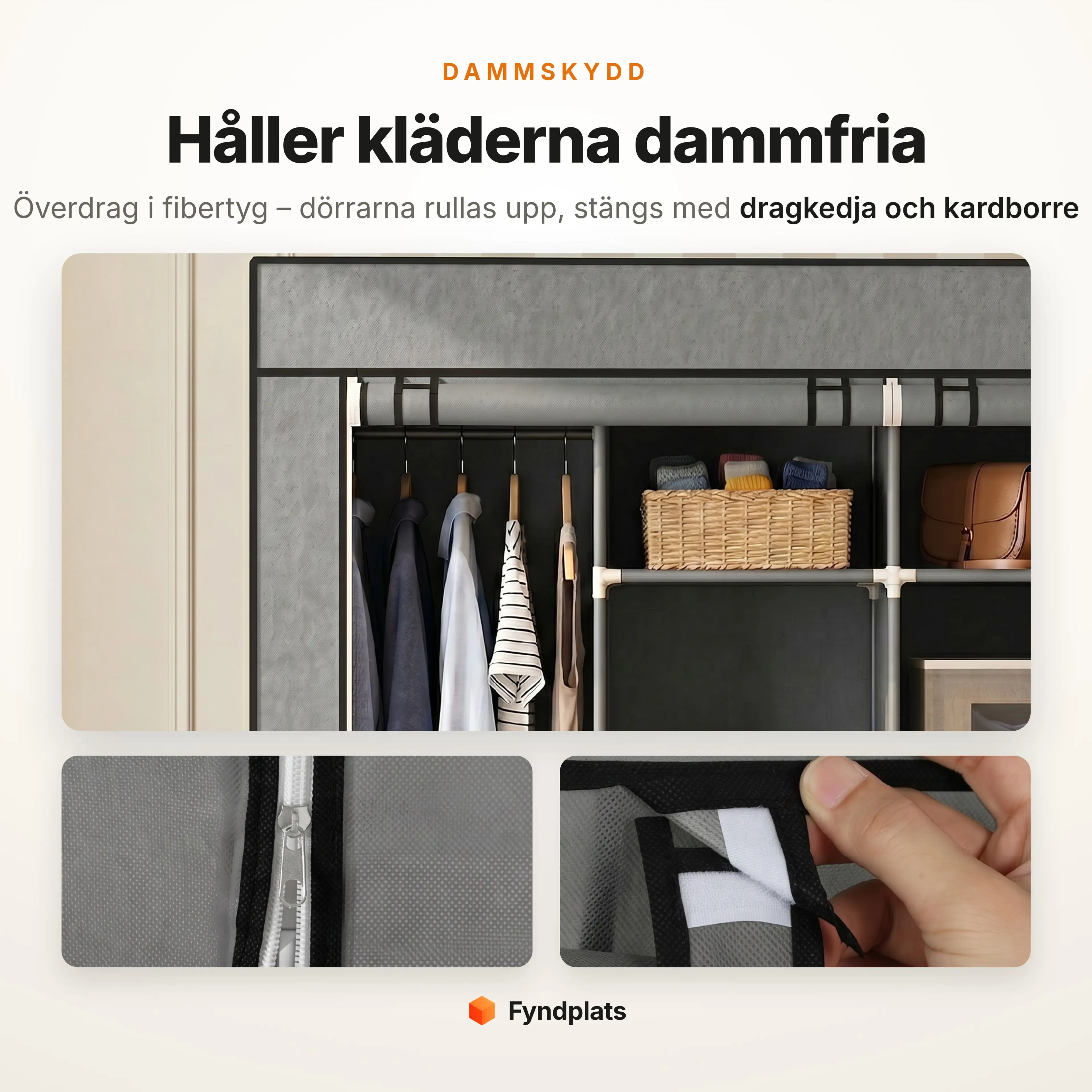Fyndplats-kort: dammskyddande överdrag i fibertyg med upprullbara dörrar, dragkedja och kardborre