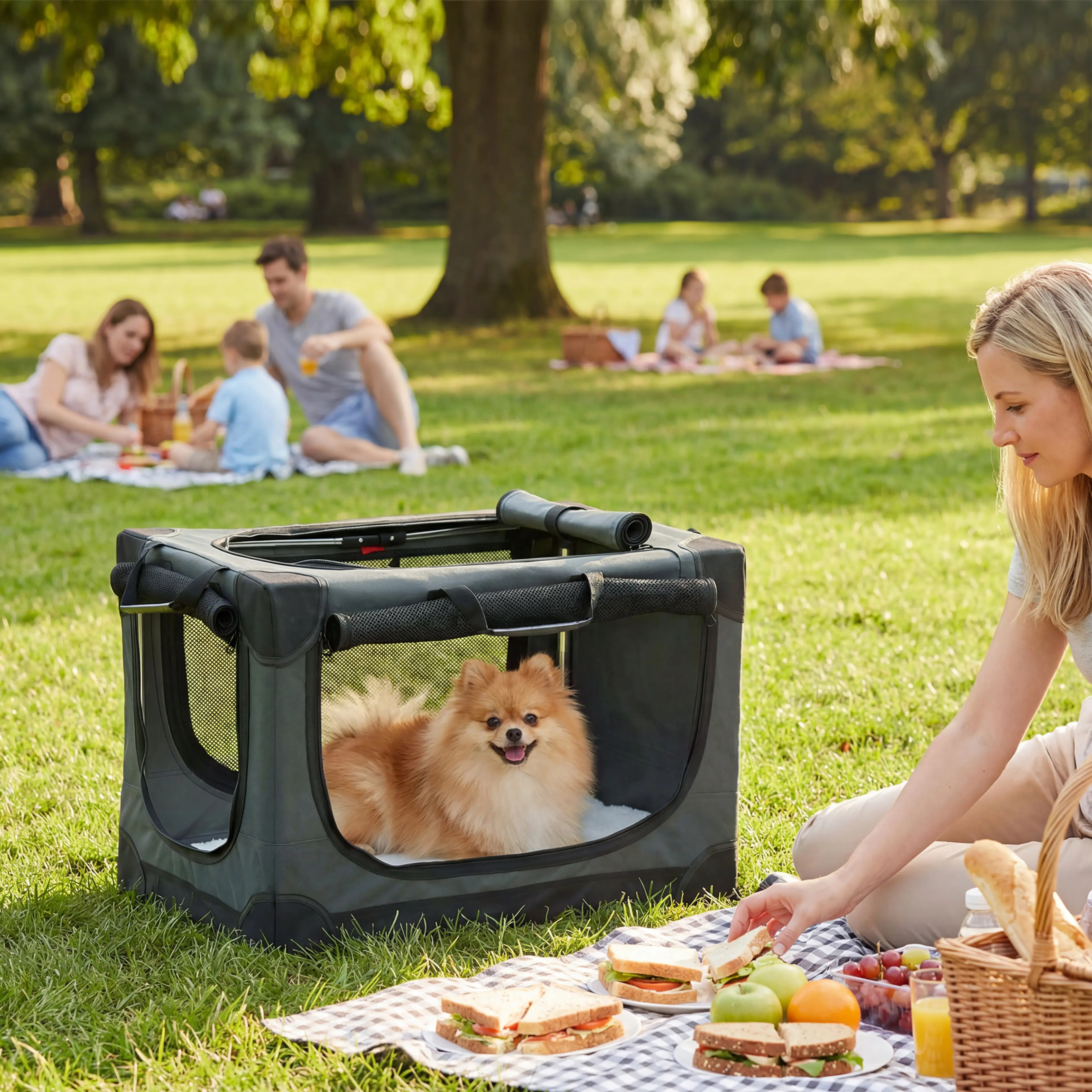 Mjuk hundbur 60 cm i en park med en liten hund liggande bredvid