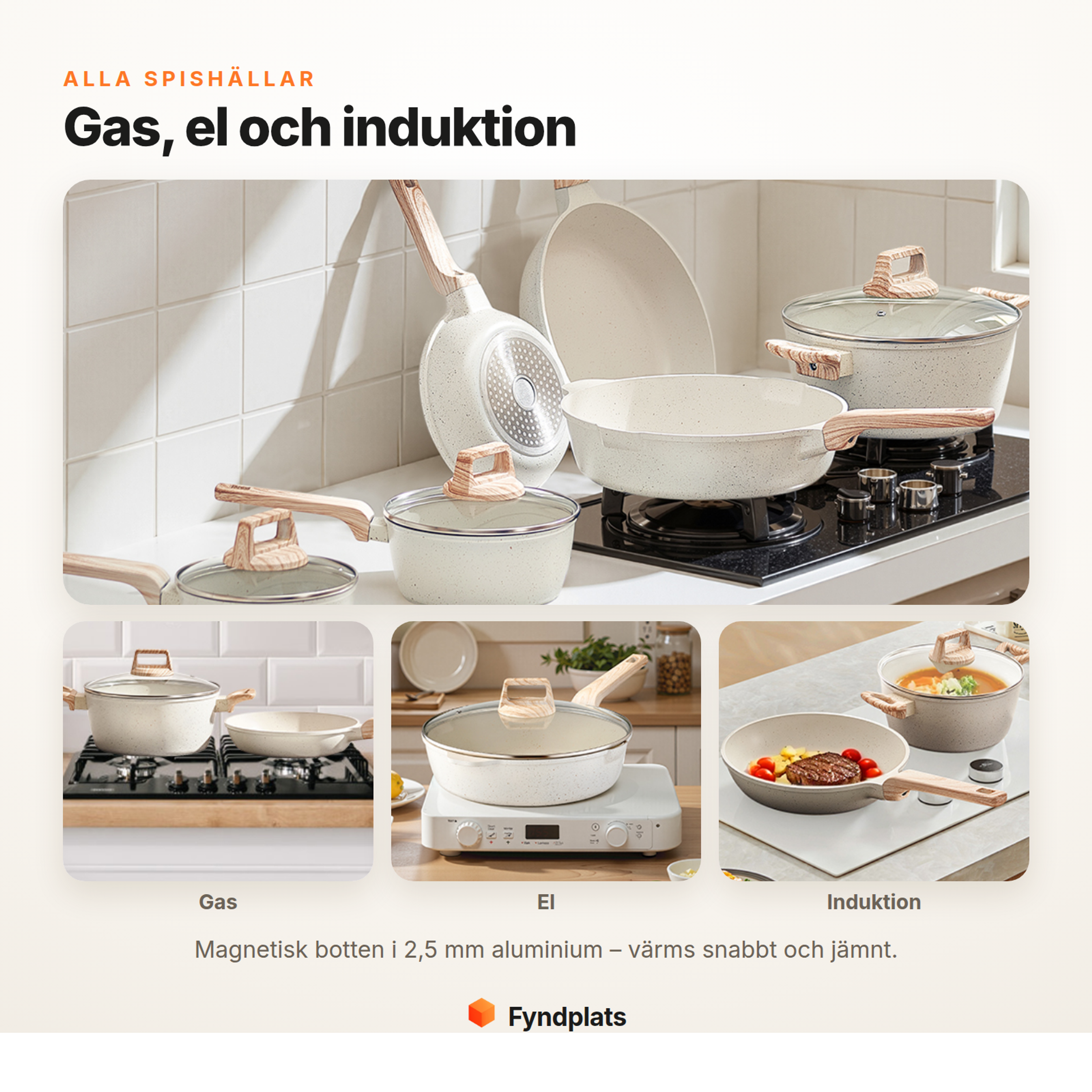 Kastrullsetet fungerar på alla spishällar: gas, el och induktion