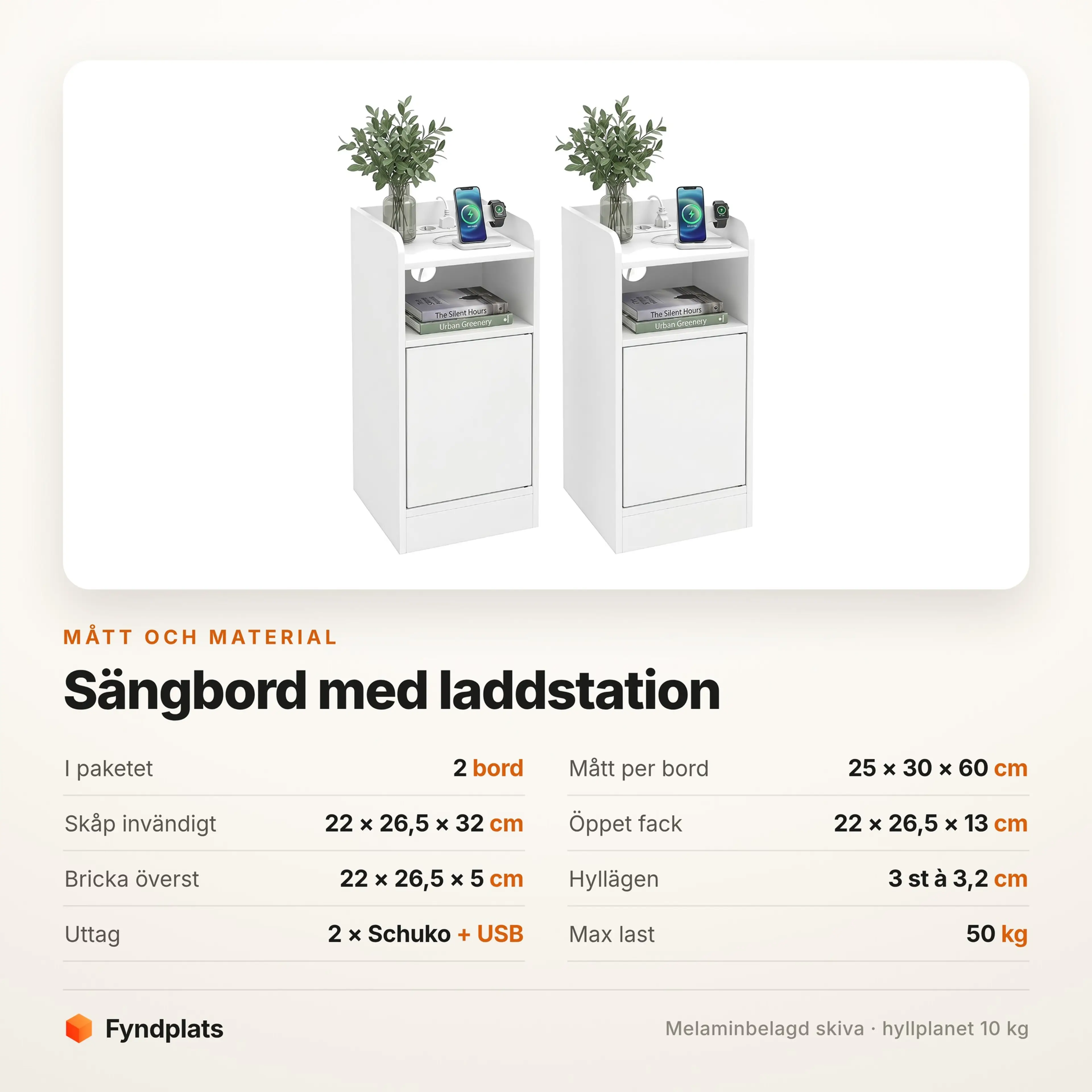 Måttabell för sängbord med laddstation, 25 × 30 × 60 cm per bord