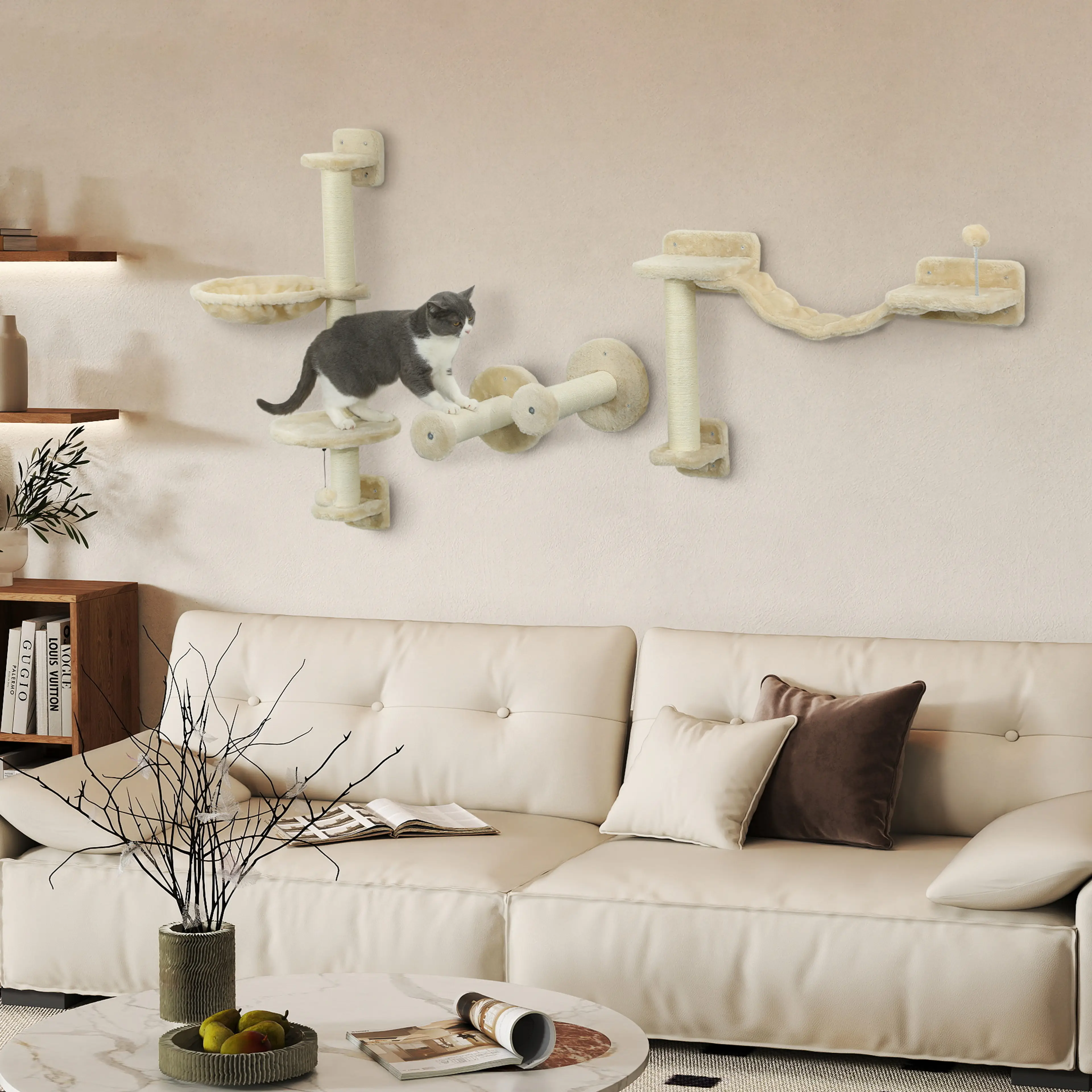 Klättervägg för katt med hängmatta – 4-delat set väggmonterade katthyllor, beige