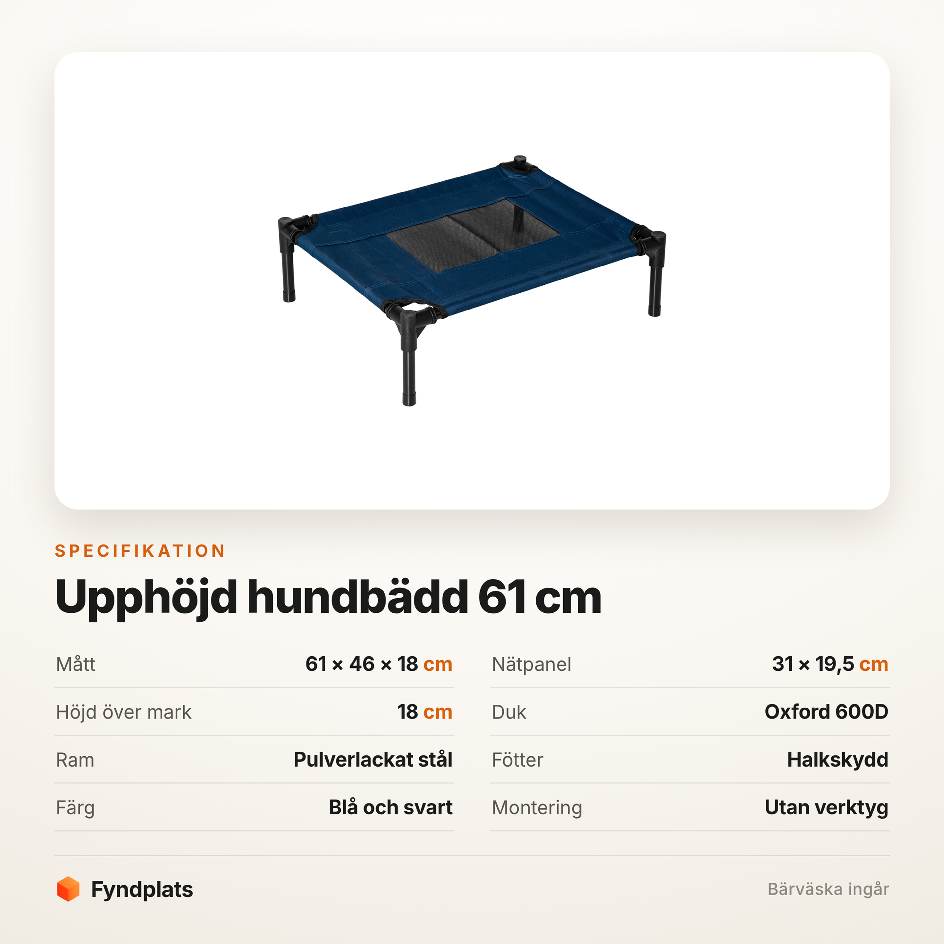 Specifikation för upphöjd hundbädd 61 cm – oxford 600D, stålram, bärväska