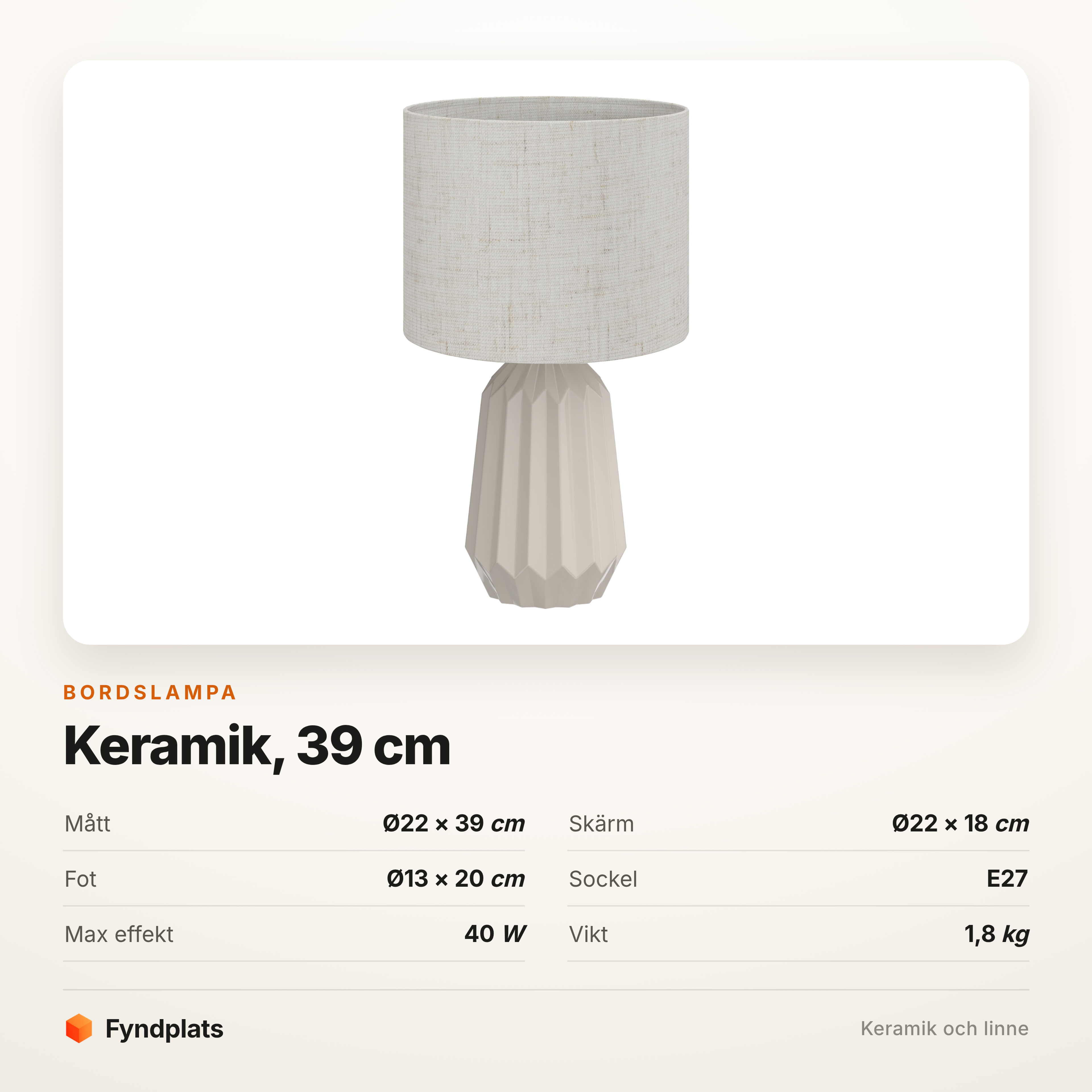 Bordslampa i keramik 39 cm – fasetterad vit fot och linneskärm – bild 5