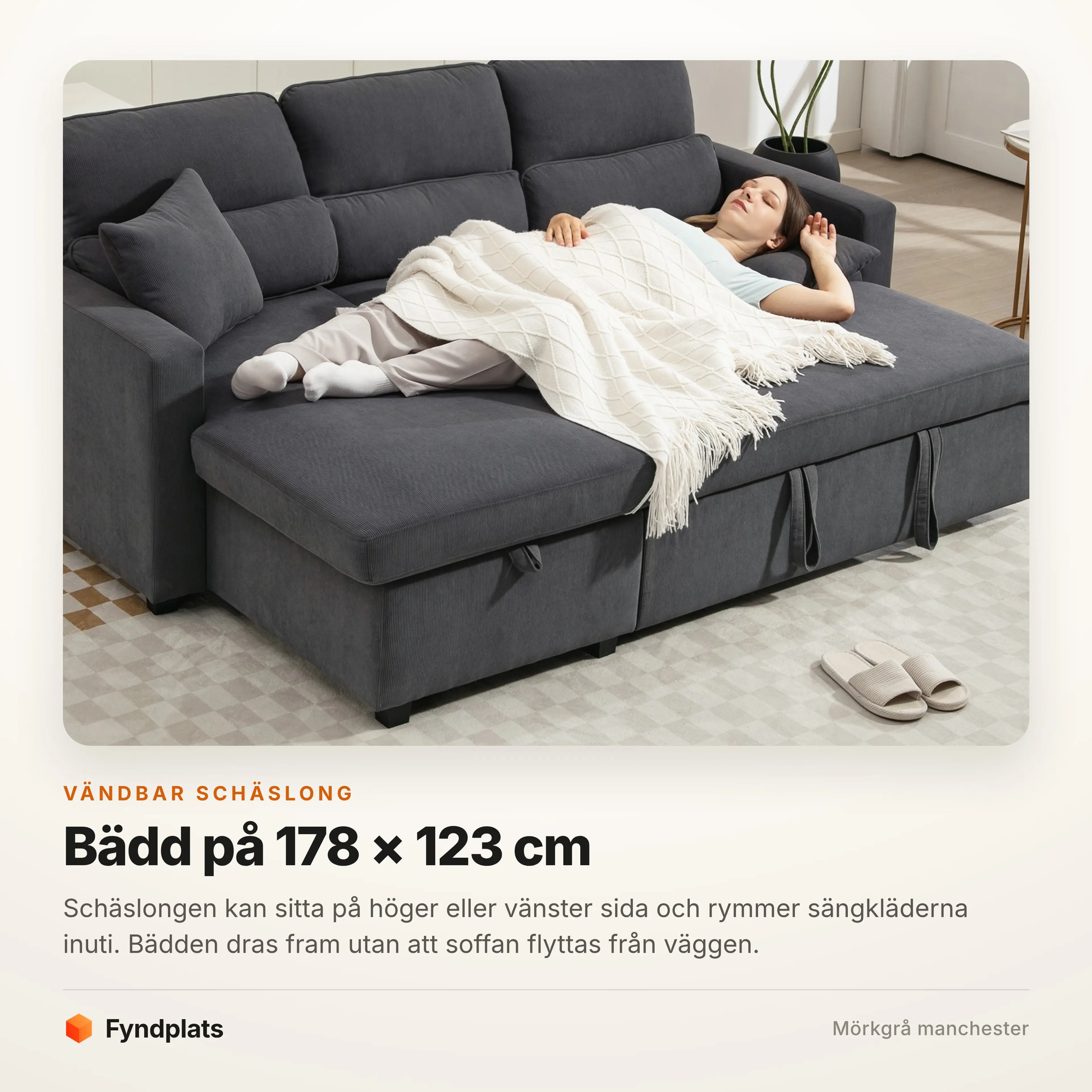 Soffan utfälld till bädd på 178 × 123 centimeter