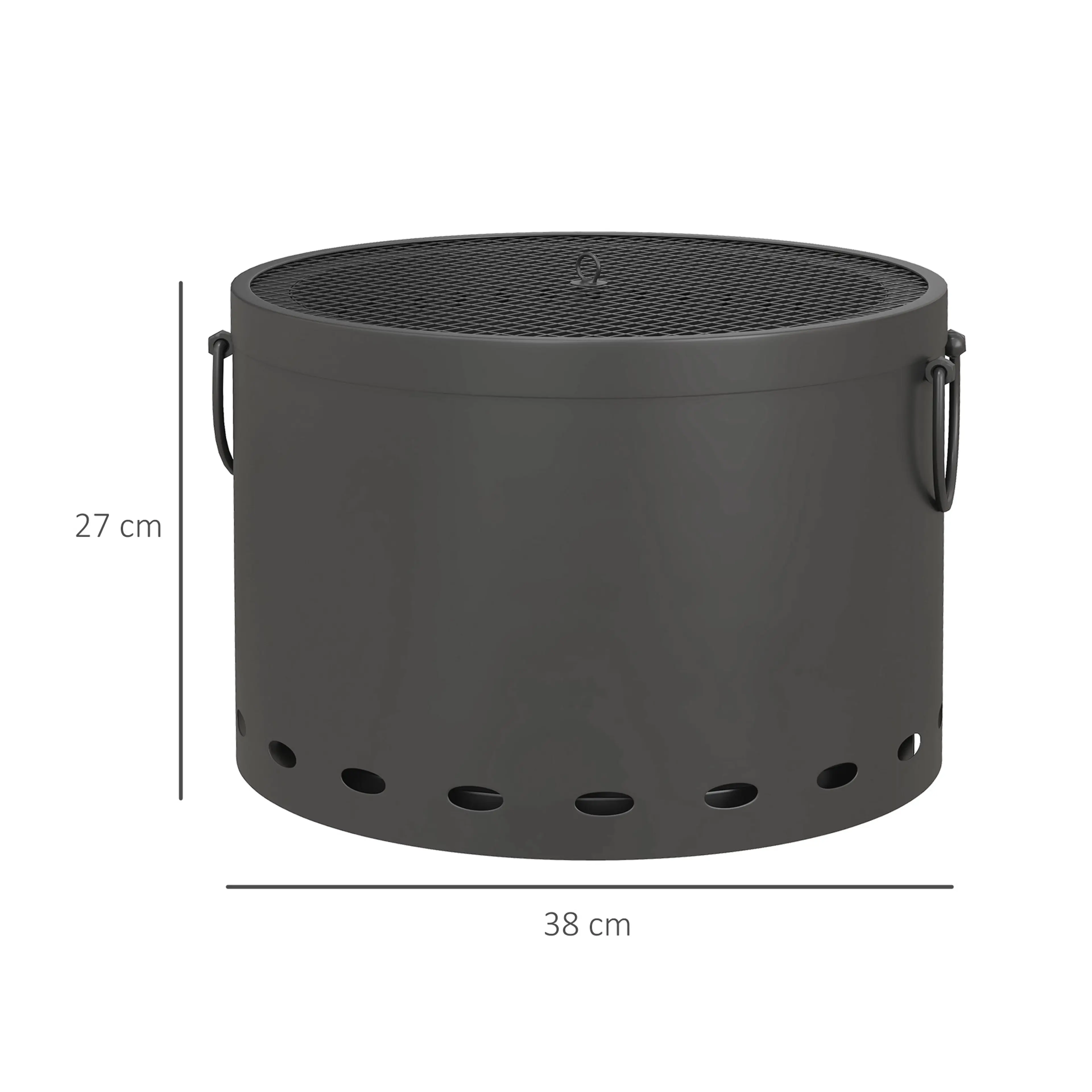 Måttritning: eldkorgen är 38 cm i diameter och 27 cm hög