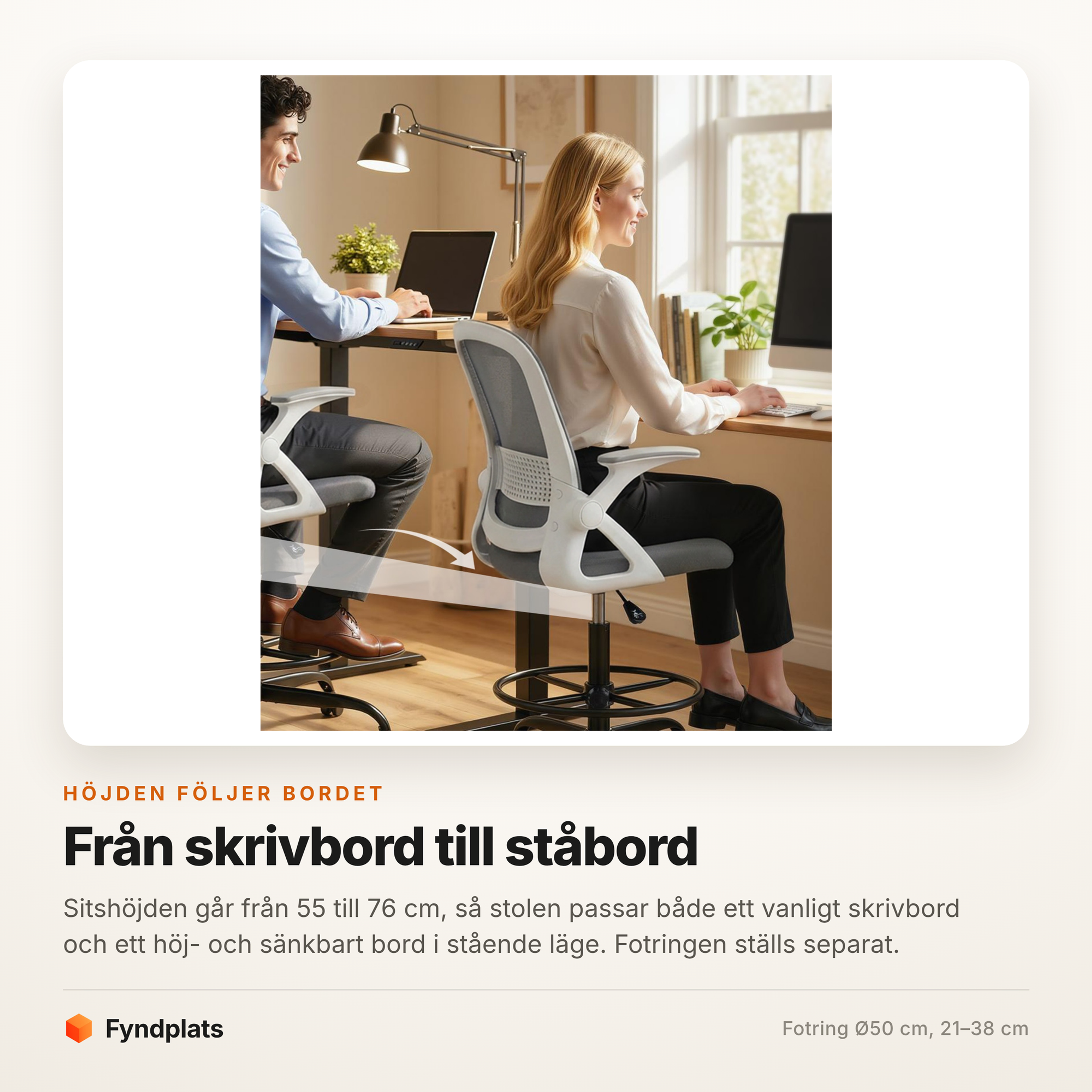 Fyndplats-kort som visar stolen vid både vanligt skrivbord och ståbord
