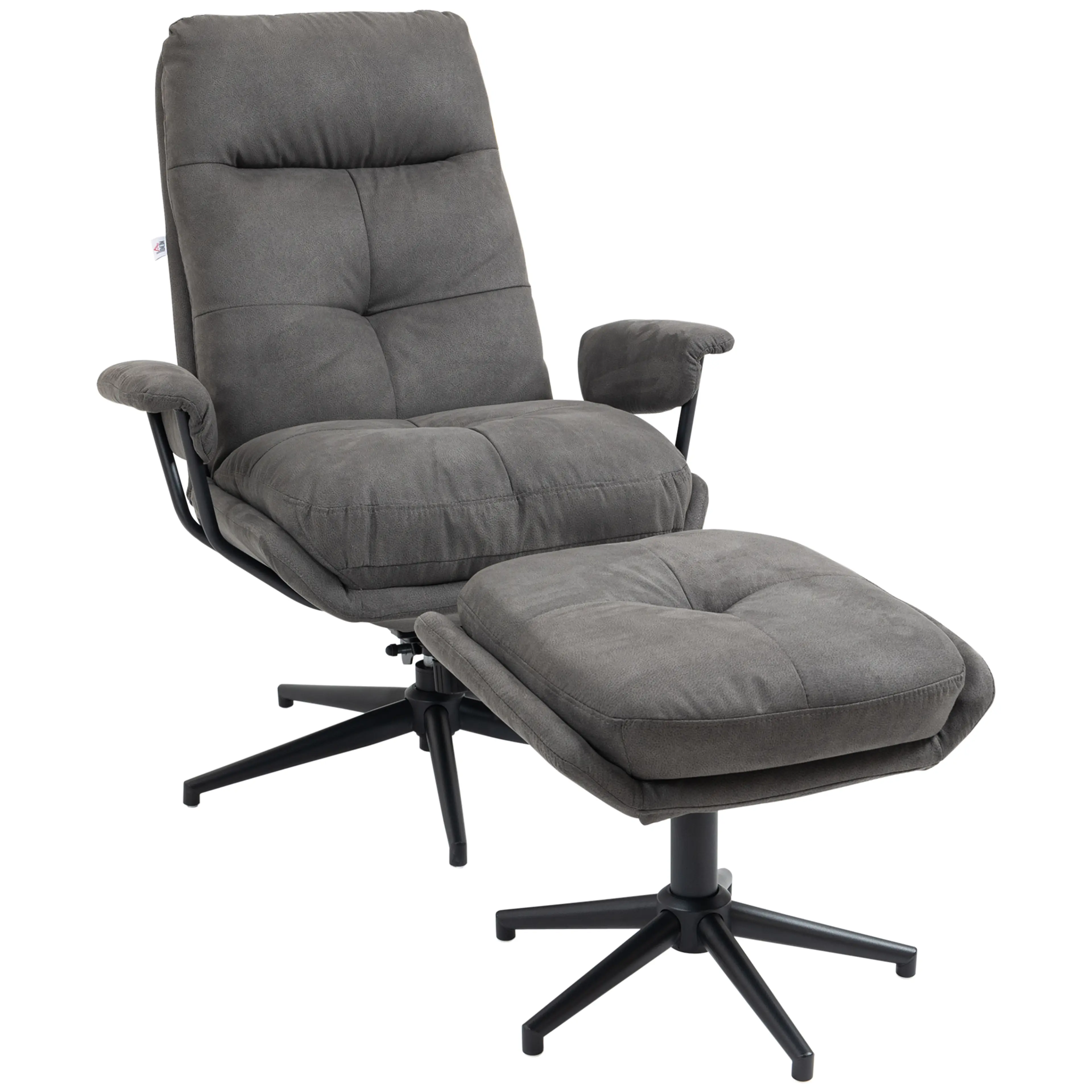 Reclinerfåtölj i mörkgrå mikrofiber med separat fotpall på svart stjärnfot