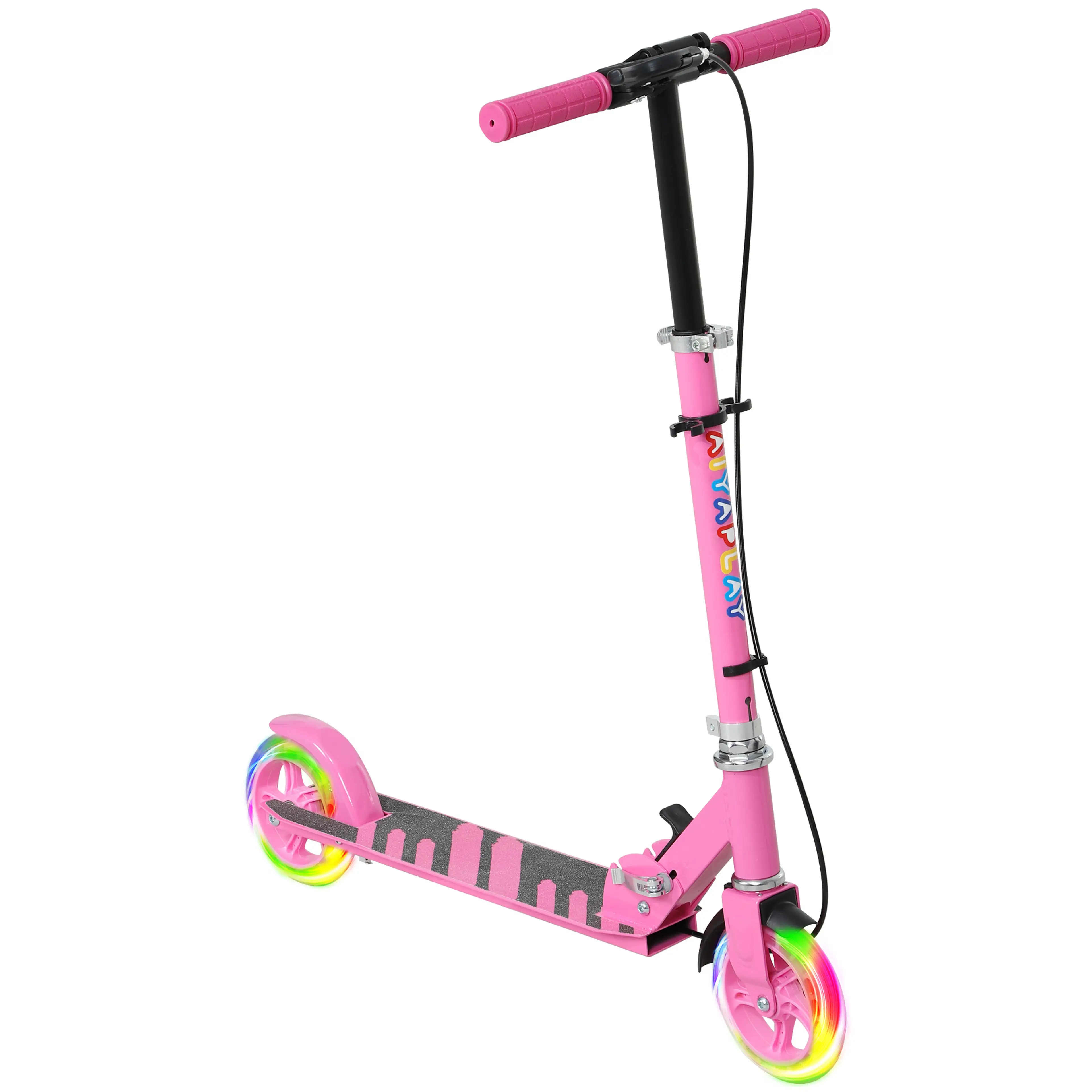 Sparkcykel barn 3–8 år med lysande hjul – hopfällbar, två bromsar och stödben i färgen rosa