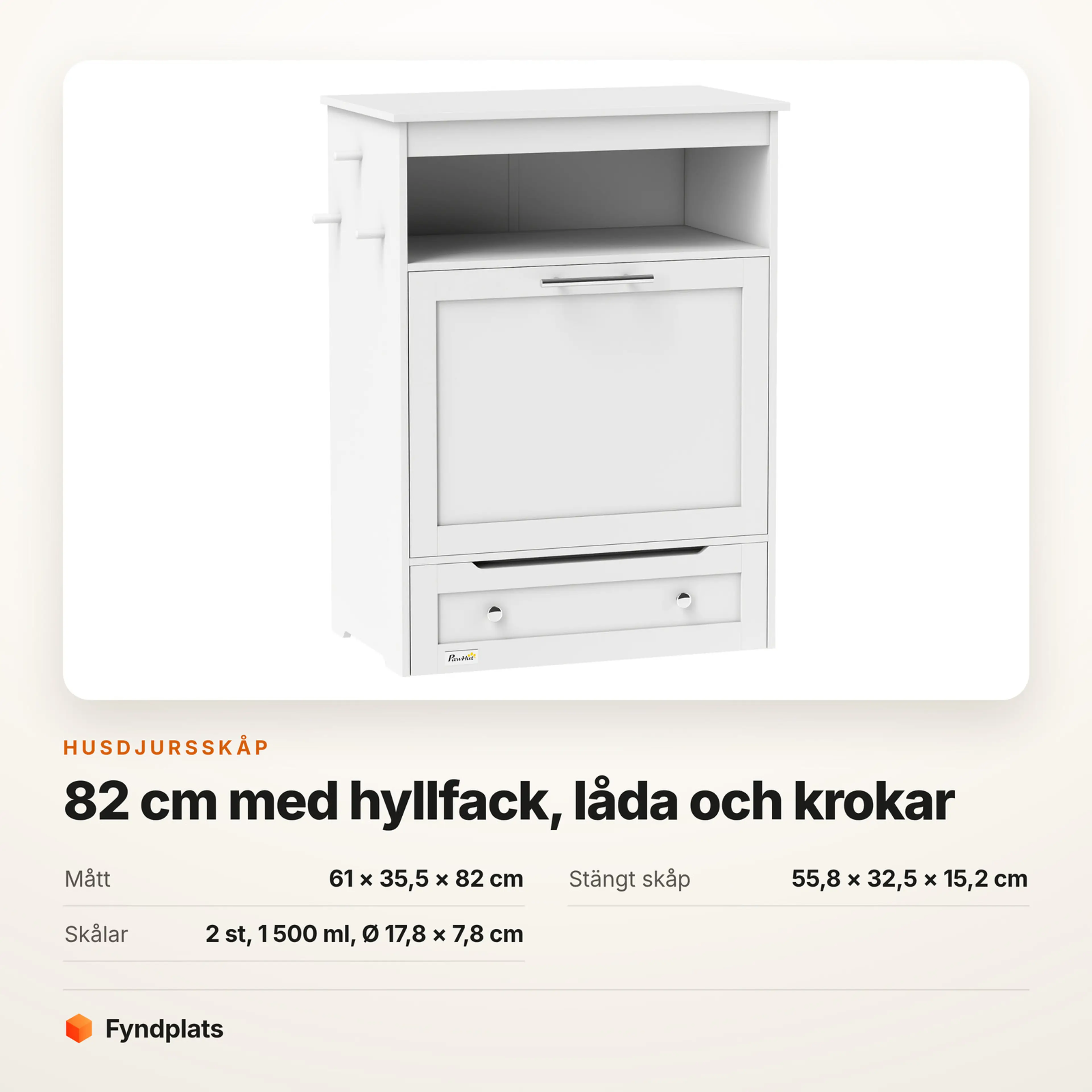 Faktakort: 61 × 35,5 × 82 cm, stängt skåp 55,8 × 32,5 × 15,2 cm och skålar på 1 500 ml