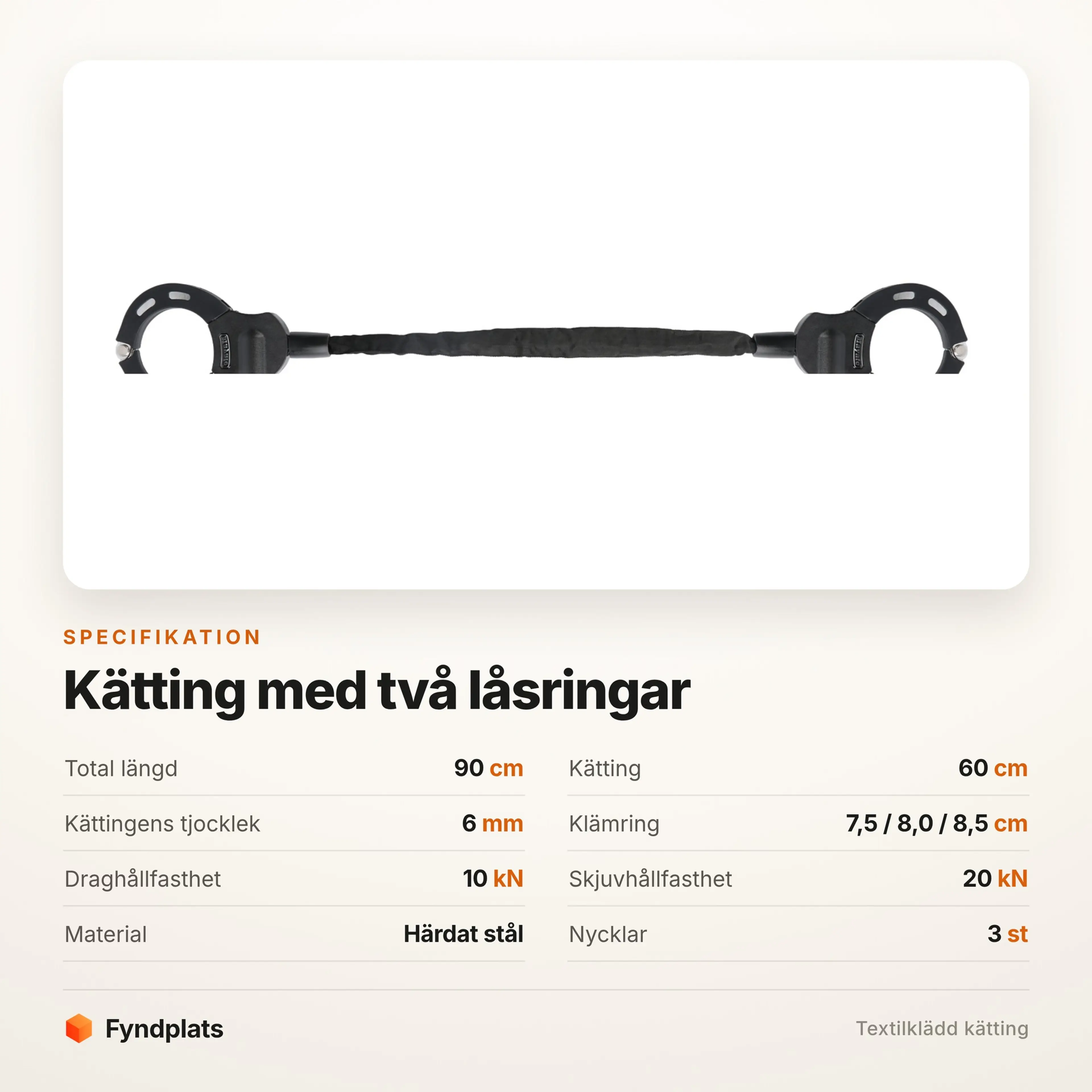 Specifikation: 90 cm totalt, 60 cm kätting, 6 mm tjocklek och härdat stål