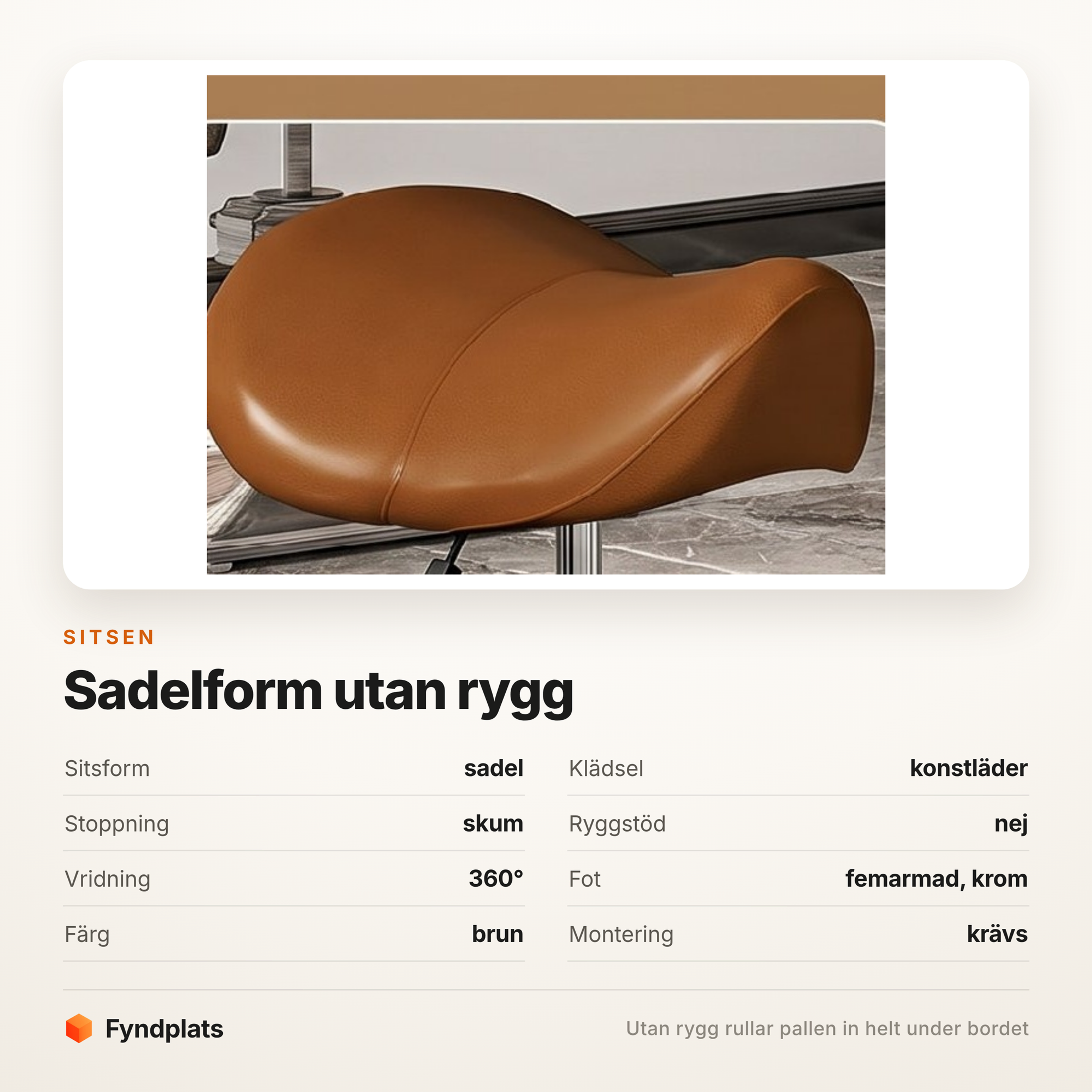 Specifikationskort med närbild på den sadelformade sitsen