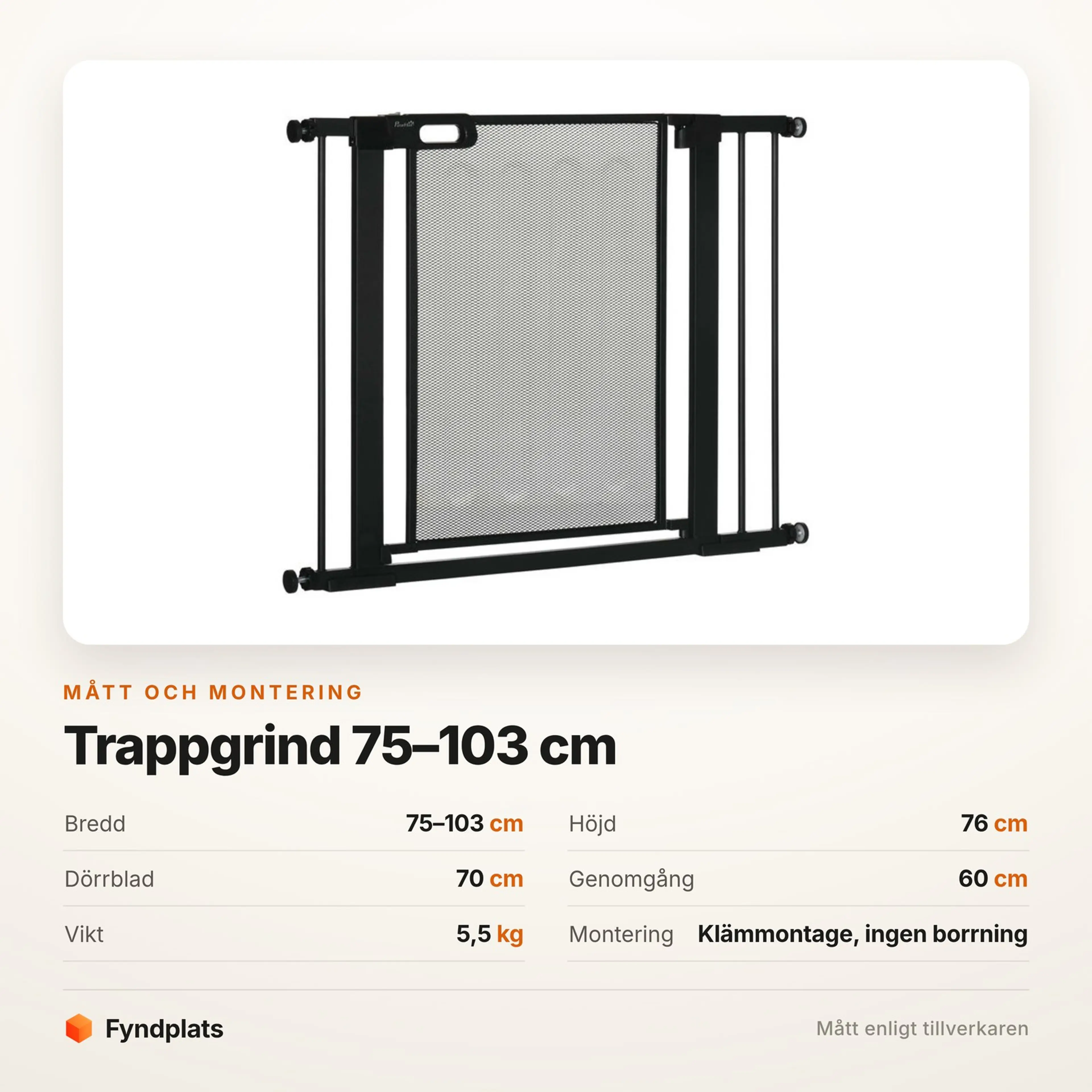 Faktakort: grinden 75–103 cm bred och 76 cm hög, dörrblad 70 cm, fri genomgång 60 cm