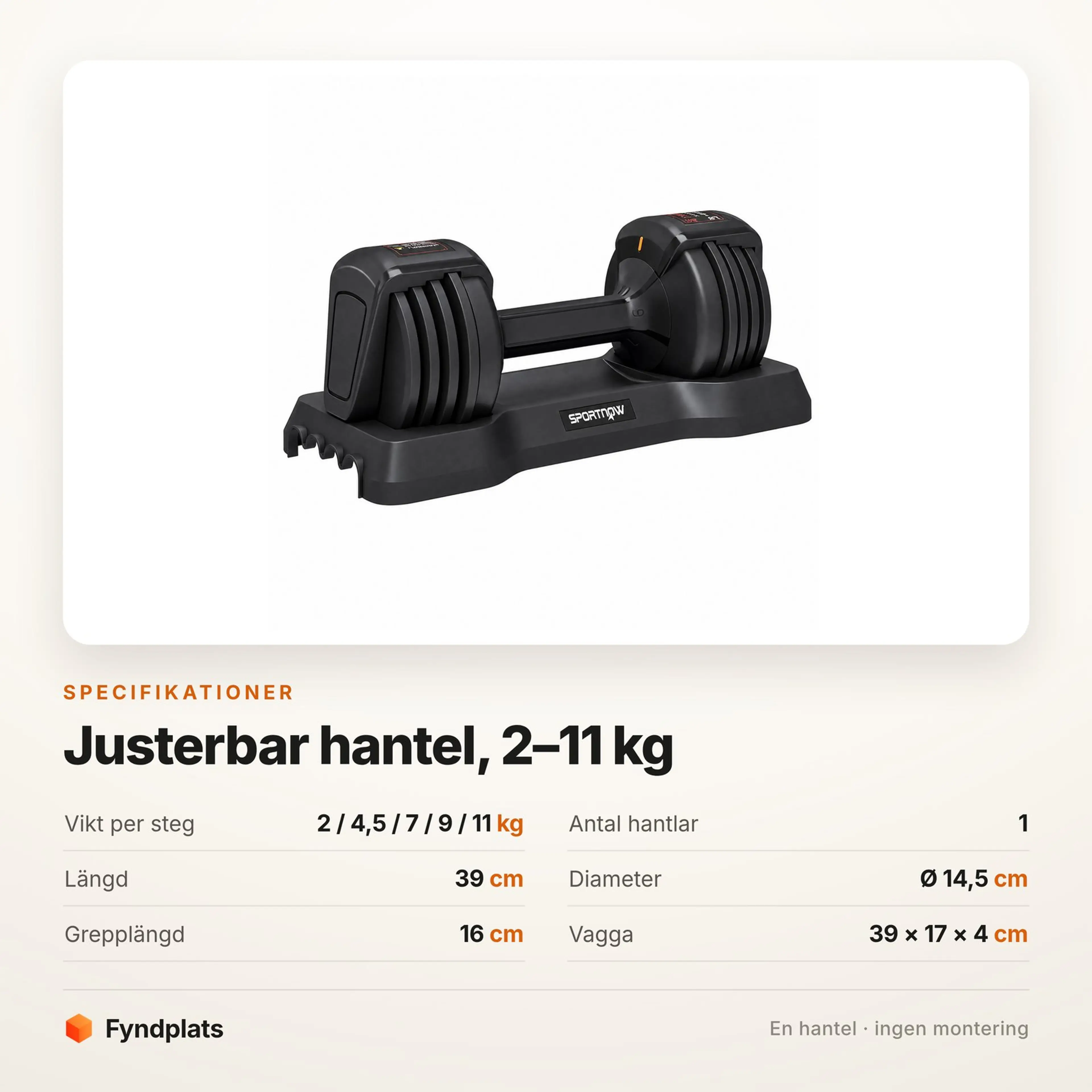 Specifikationskort för den justerbara hanteln: fem viktlägen 2–11 kg, längd 39 cm och vagga 39 × 17 cm