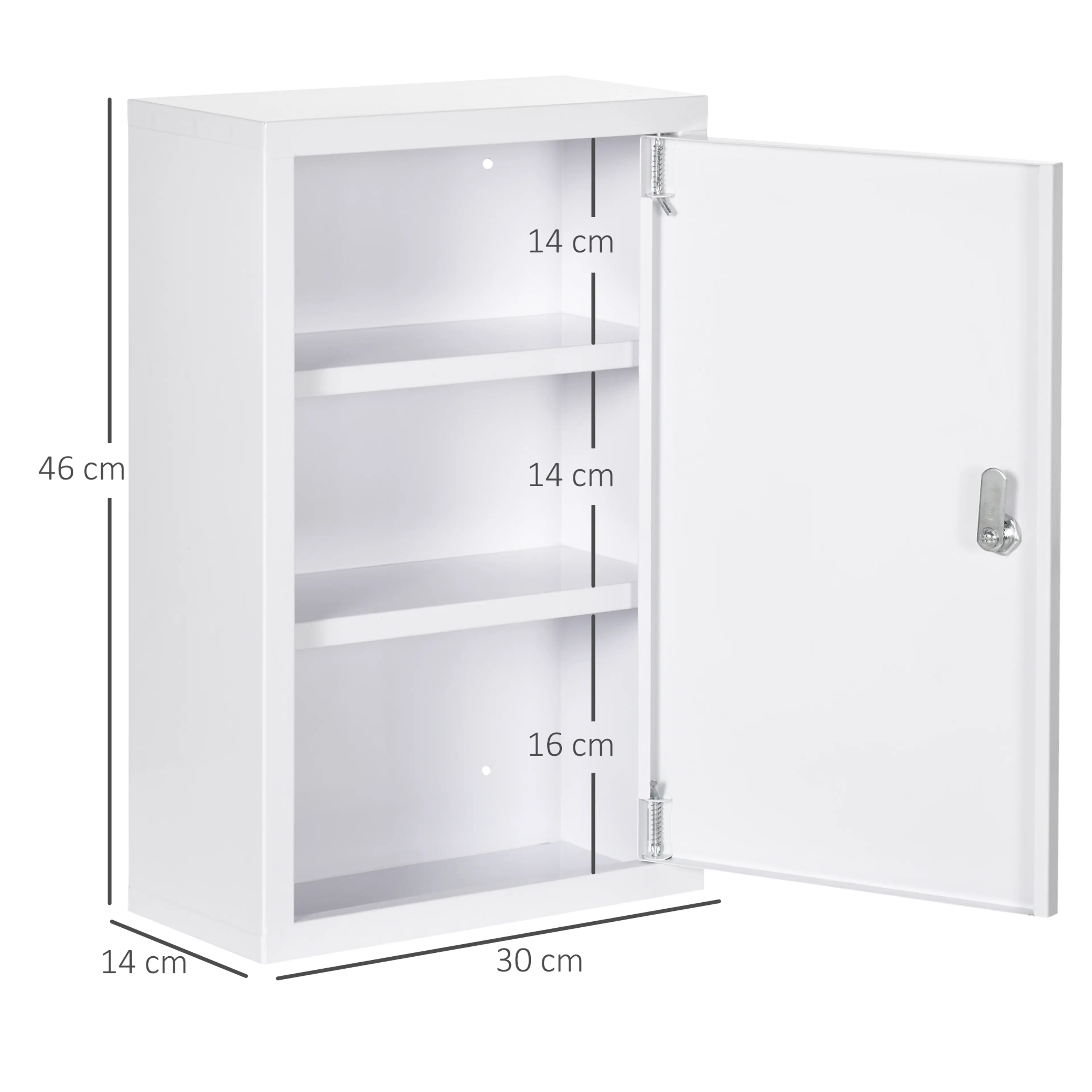 Måttskiss: skåpet 30 × 14 × 46 cm med fackhöjderna 14 / 14 / 16 cm