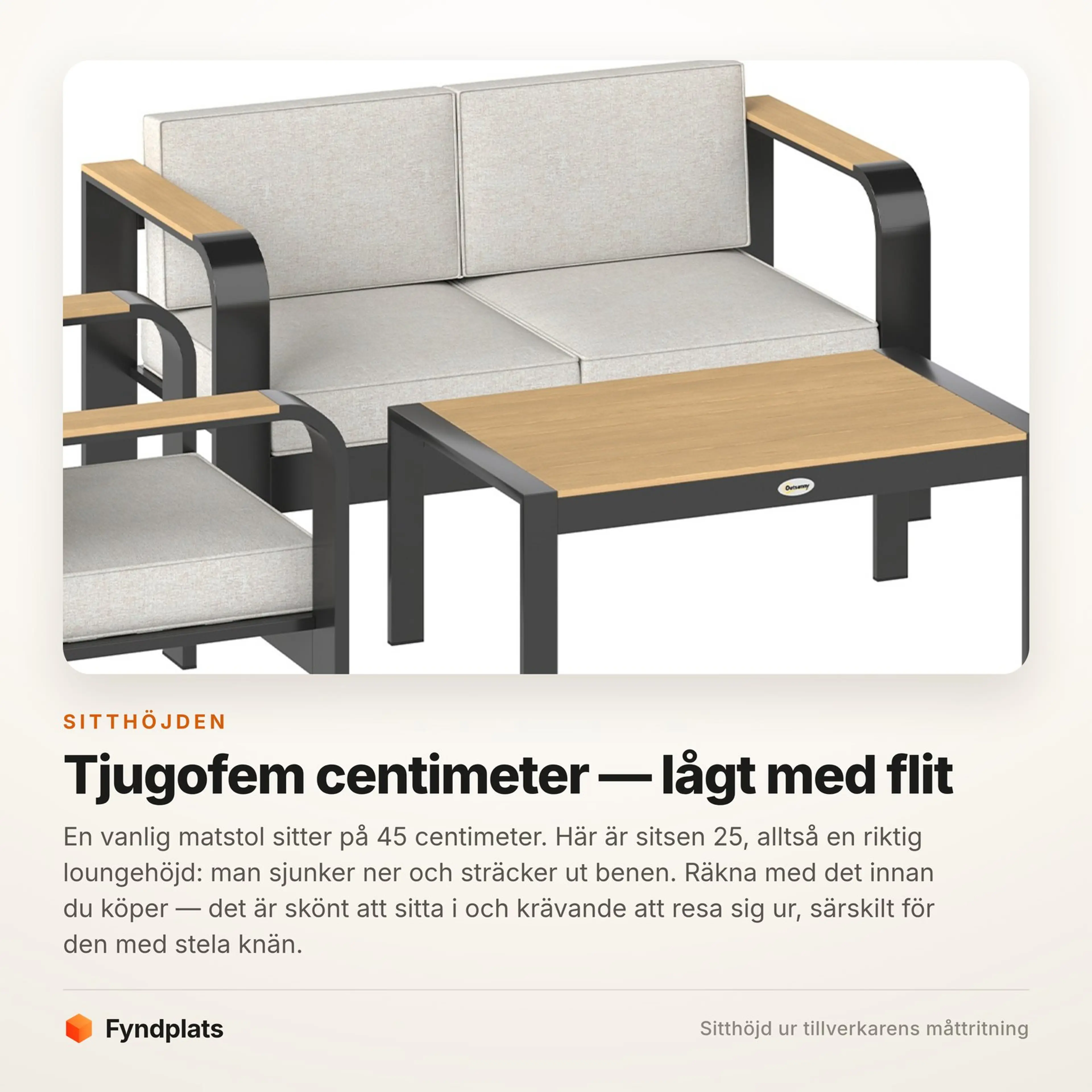 Fyndplats faktakort: sitthöjden är 25 cm, alltså riktig loungehöjd