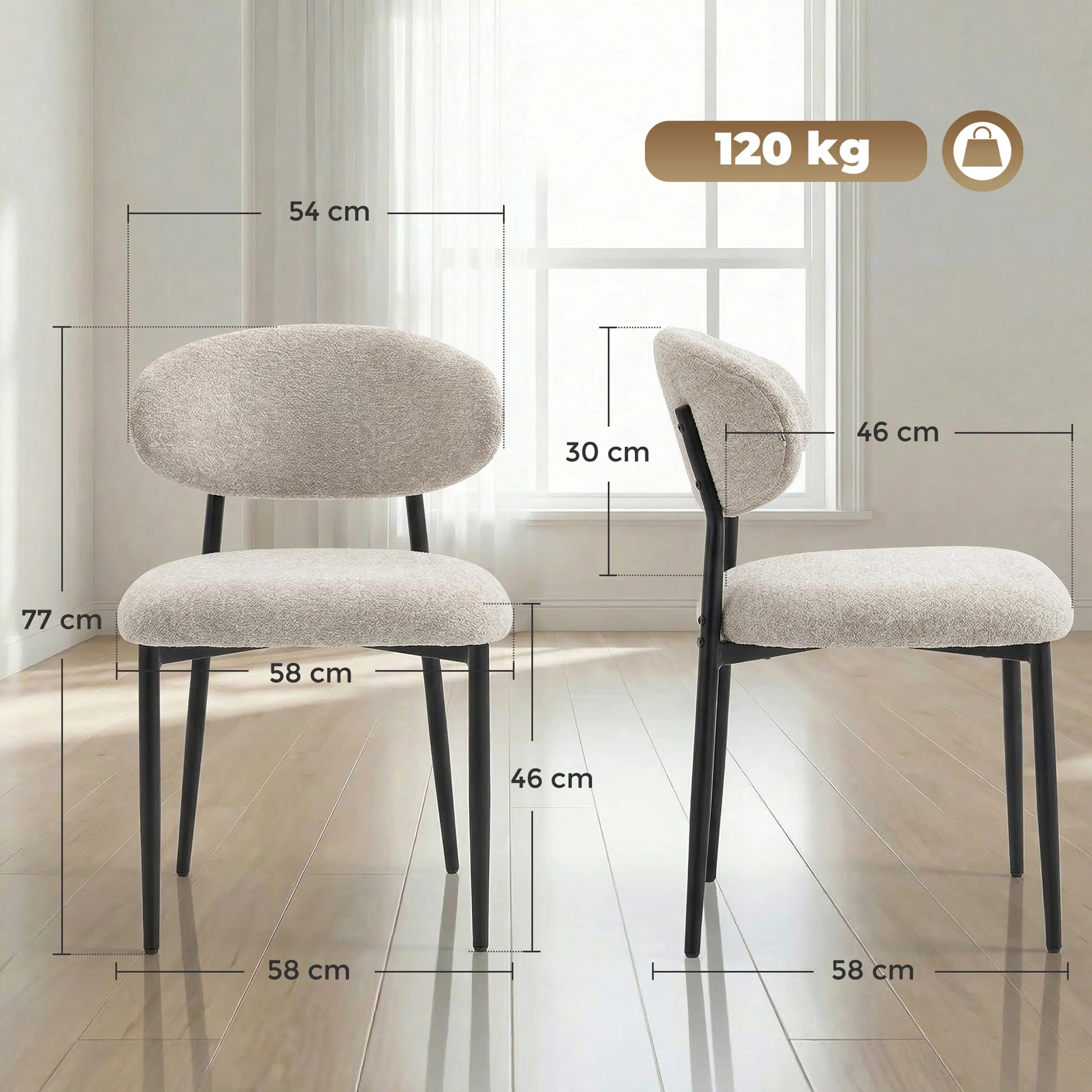 Matstolar 2-pack med rundad rygg, beige – bild 4