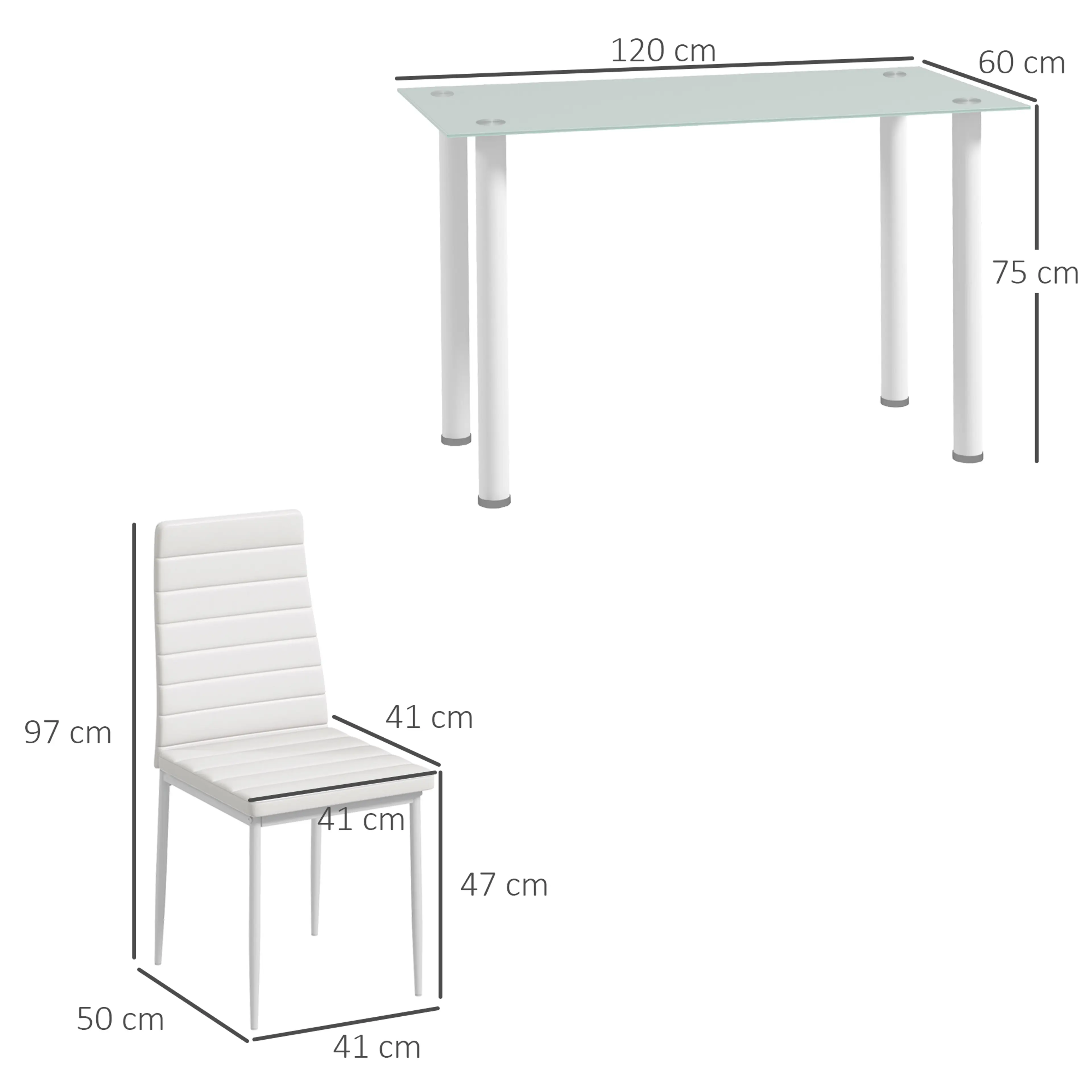 Måttskiss: bordet 120 × 60 × 75 cm och stolen 41 × 50 × 97 cm med sitthöjd 47 cm