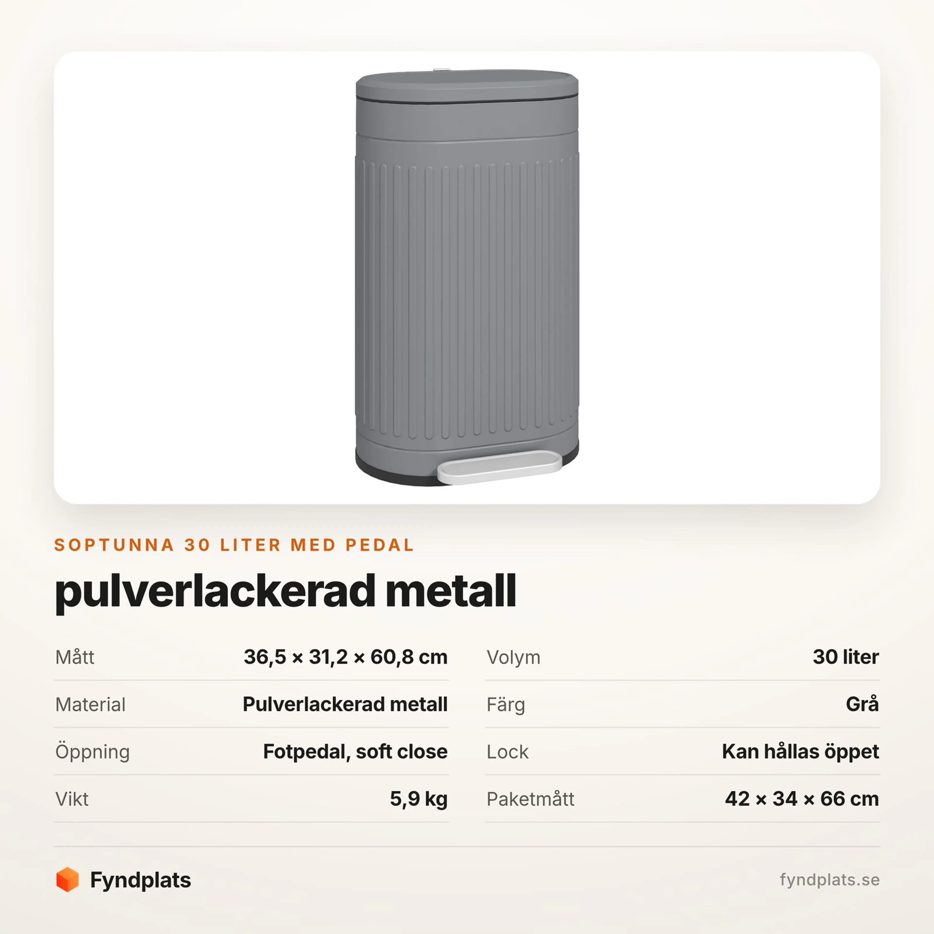 Spec-kort med mått, volym och vikt för pedalhinken på 30 liter