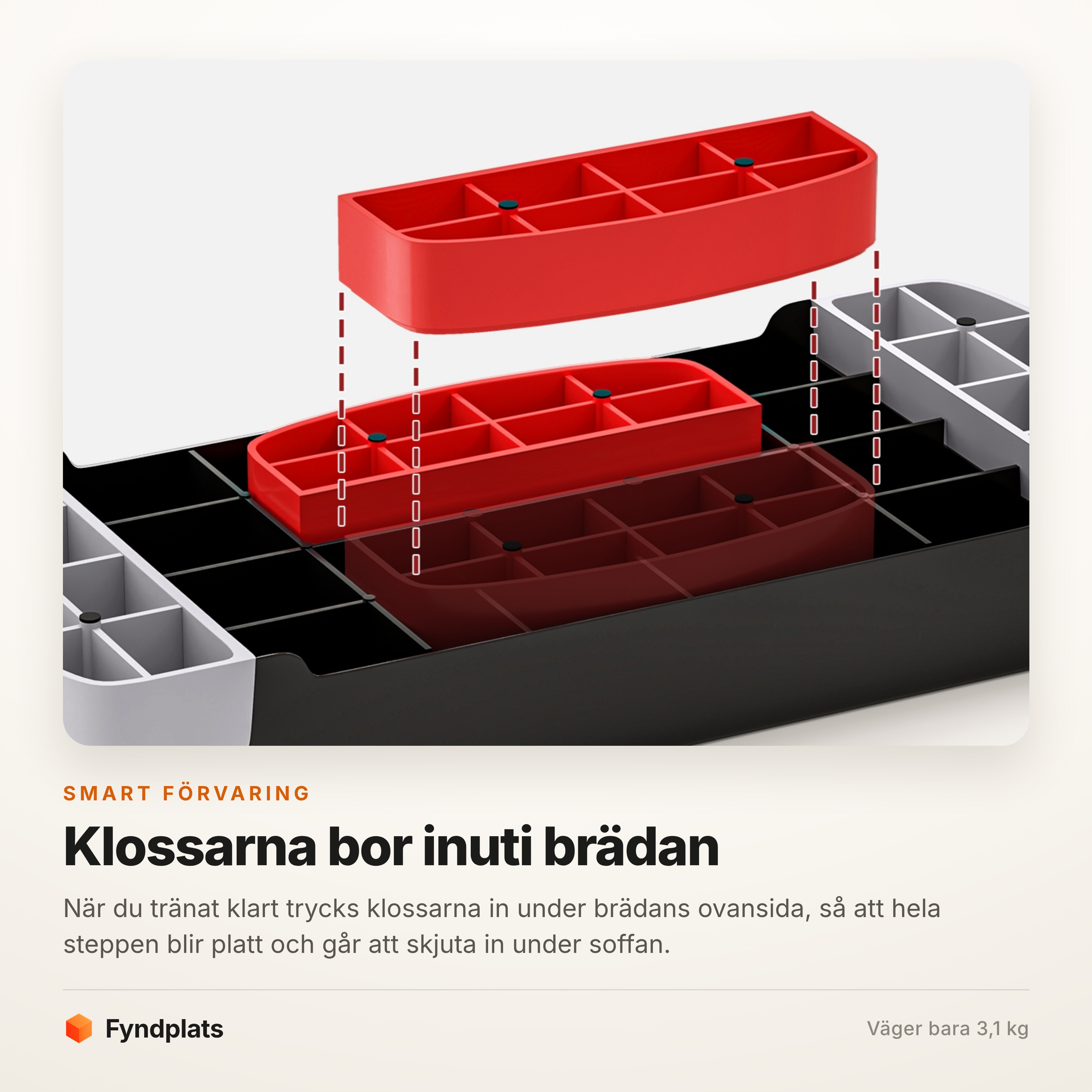 Fyndplats-kort som visar hur klossarna trycks in under brädan så att den blir platt att förvara