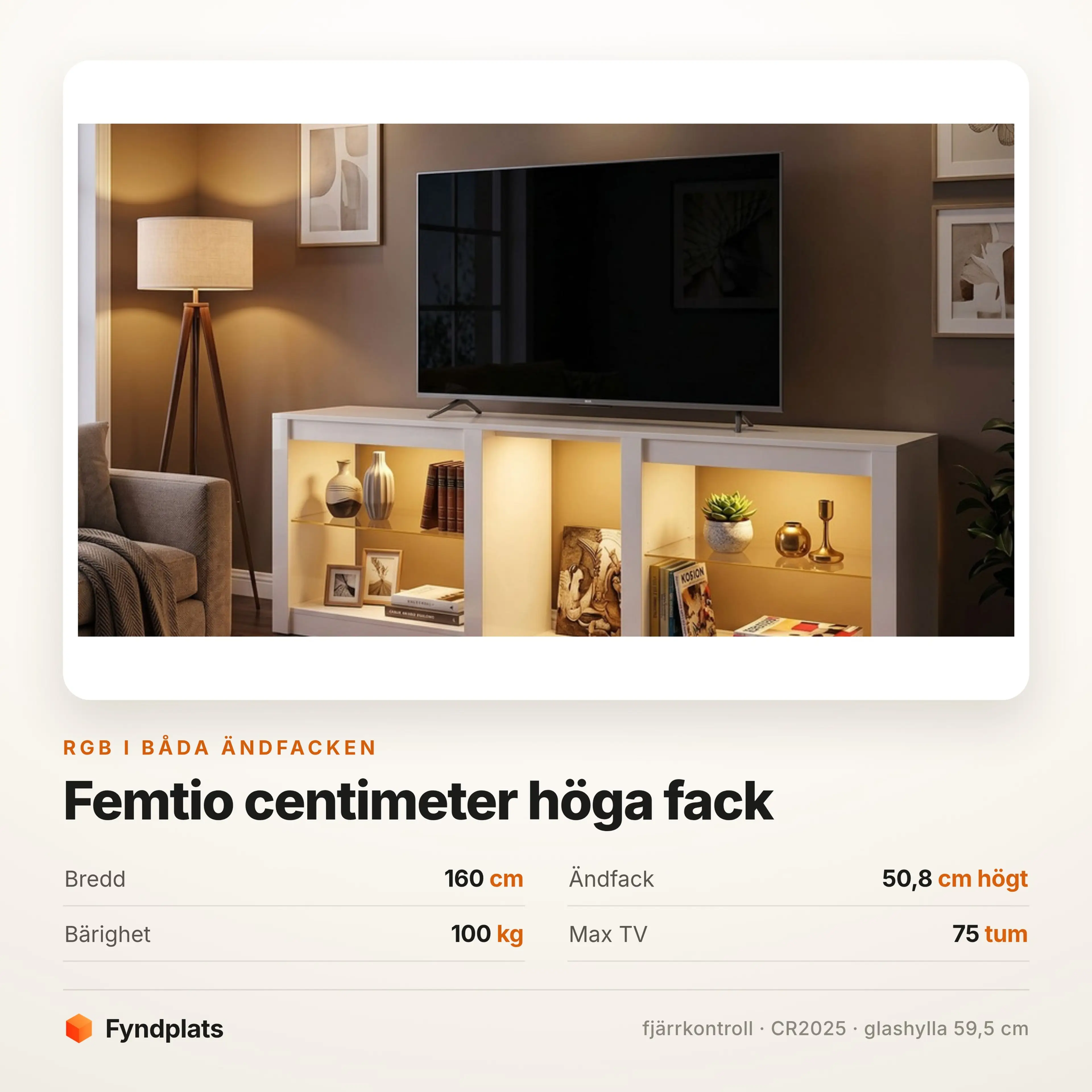 TV-bänk 160 cm med RGB-LED och glashylla – bild 3