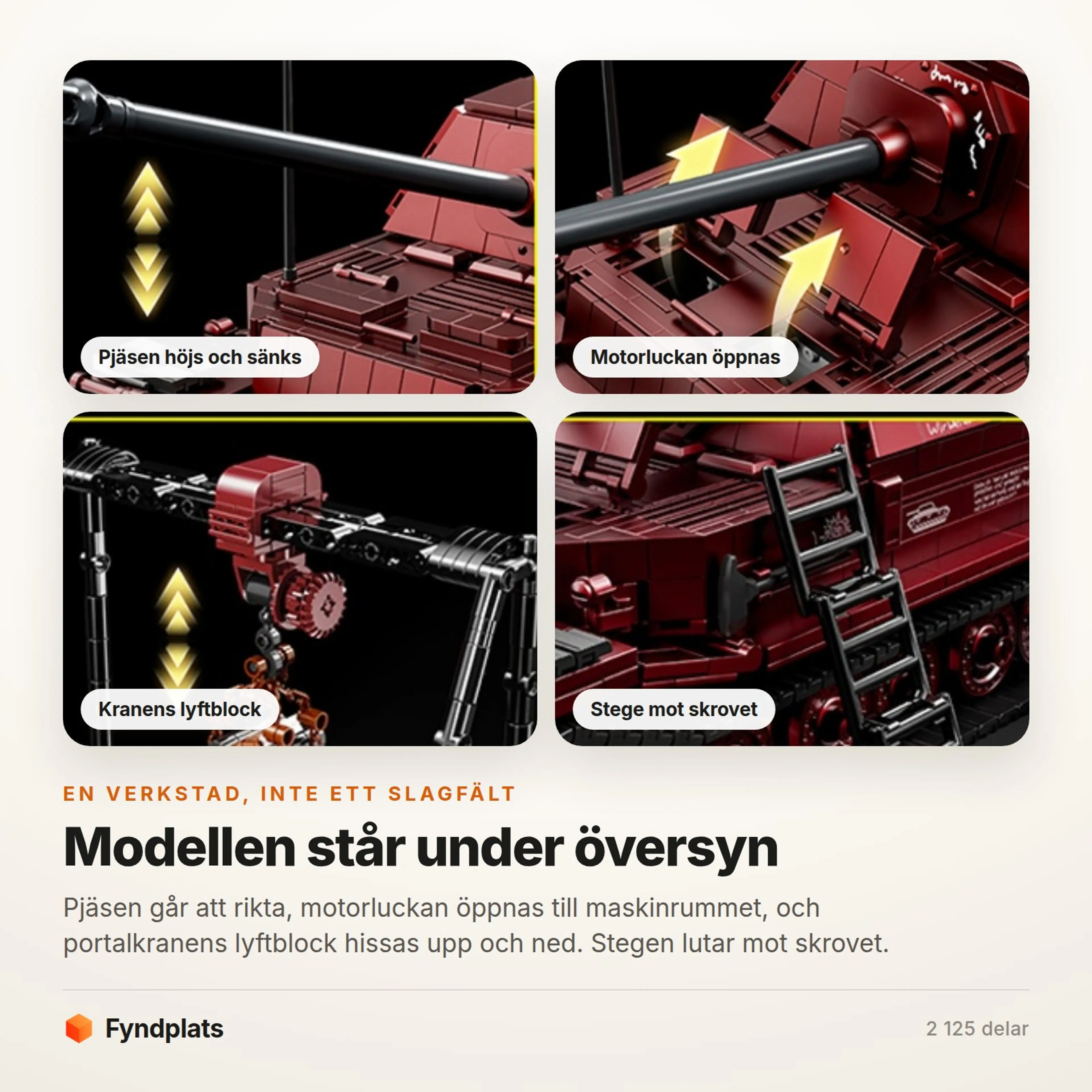 Fyndplats-kort: närbilder på den höj- och sänkbara pjäsen, den öppningsbara motorluckan, kranens lyftblock och stegen