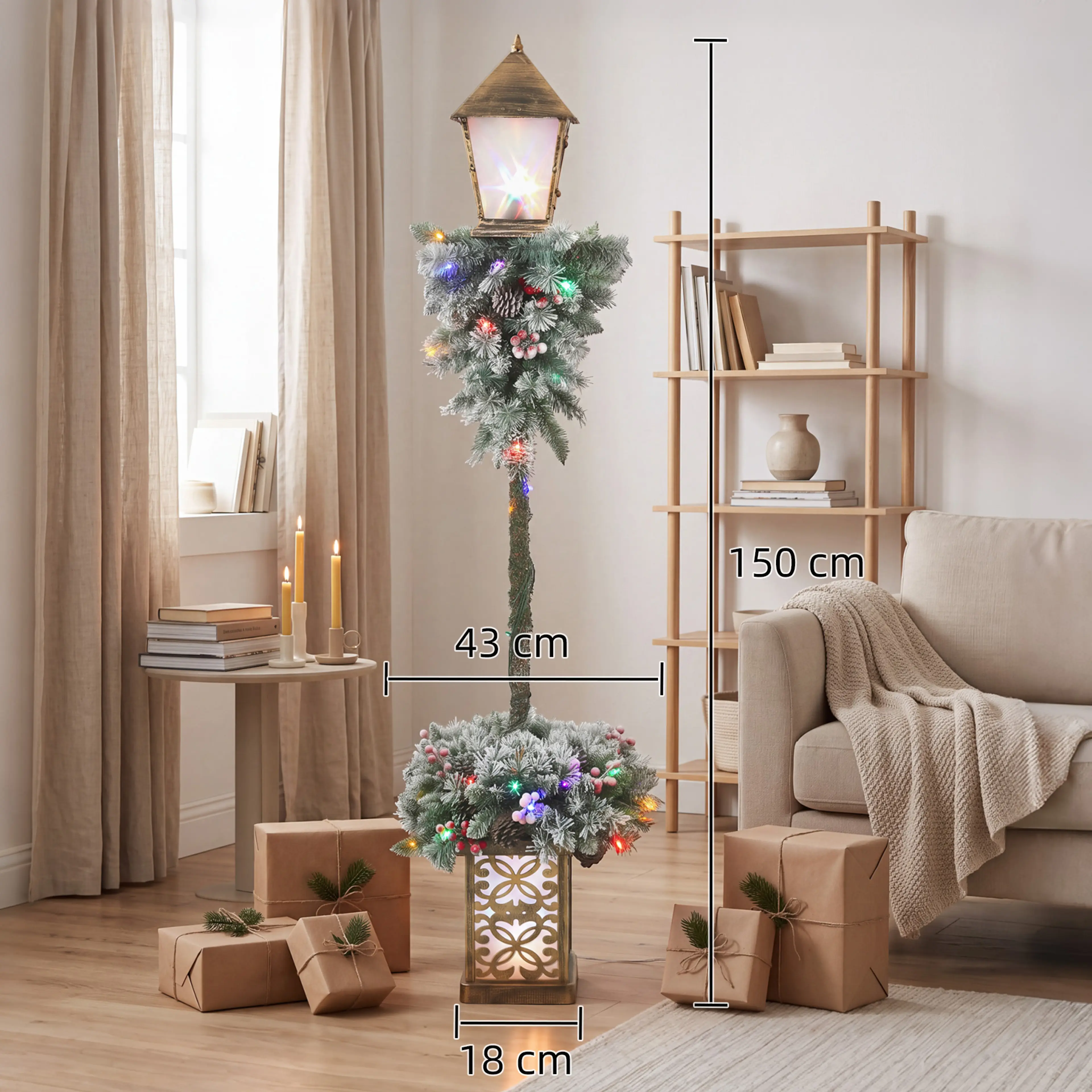 Måttbild: gatlyktan är 150 cm hög och 43 cm bred, med en sockel på 18 cm