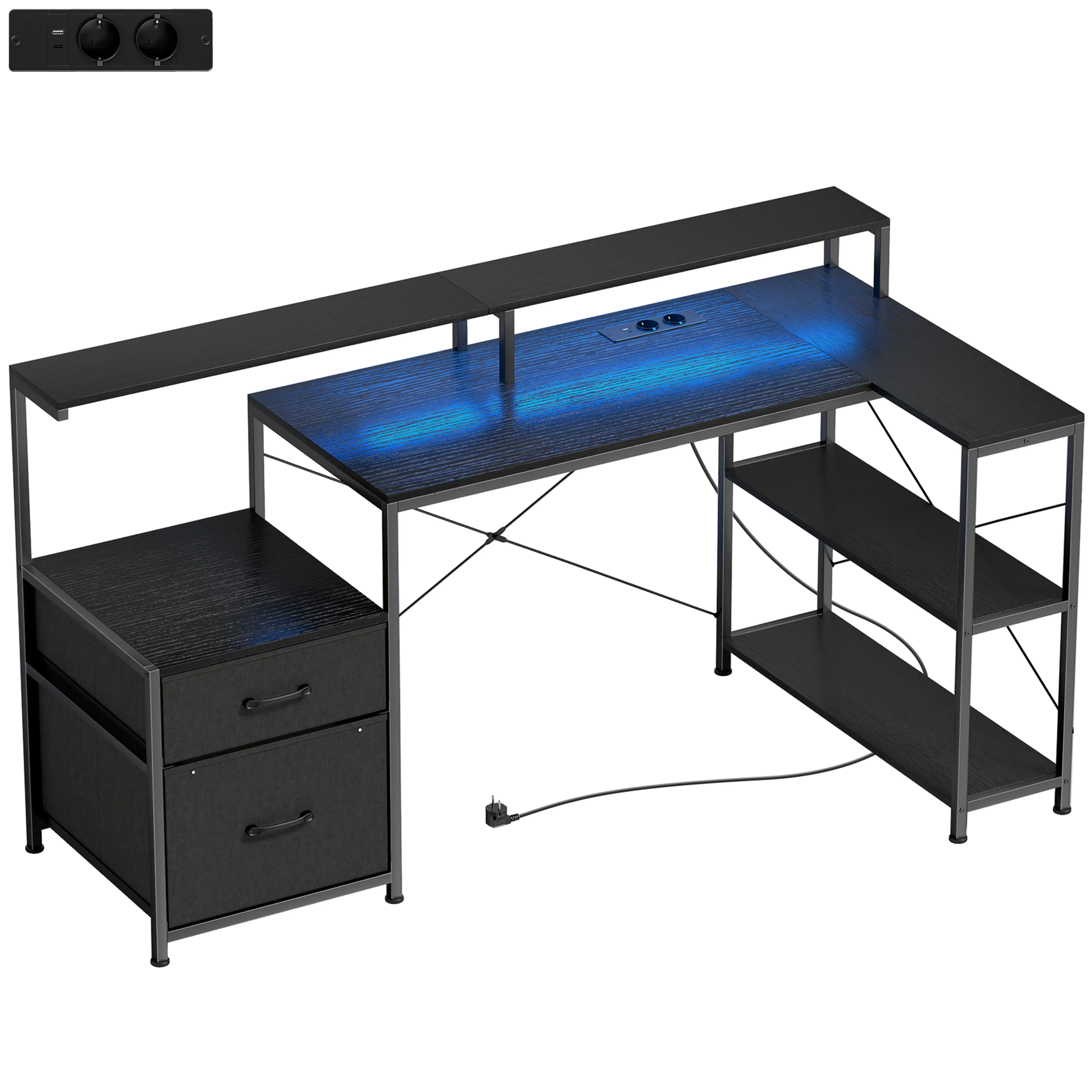 Gamingbord 165 cm i L-form med LED och eluttag